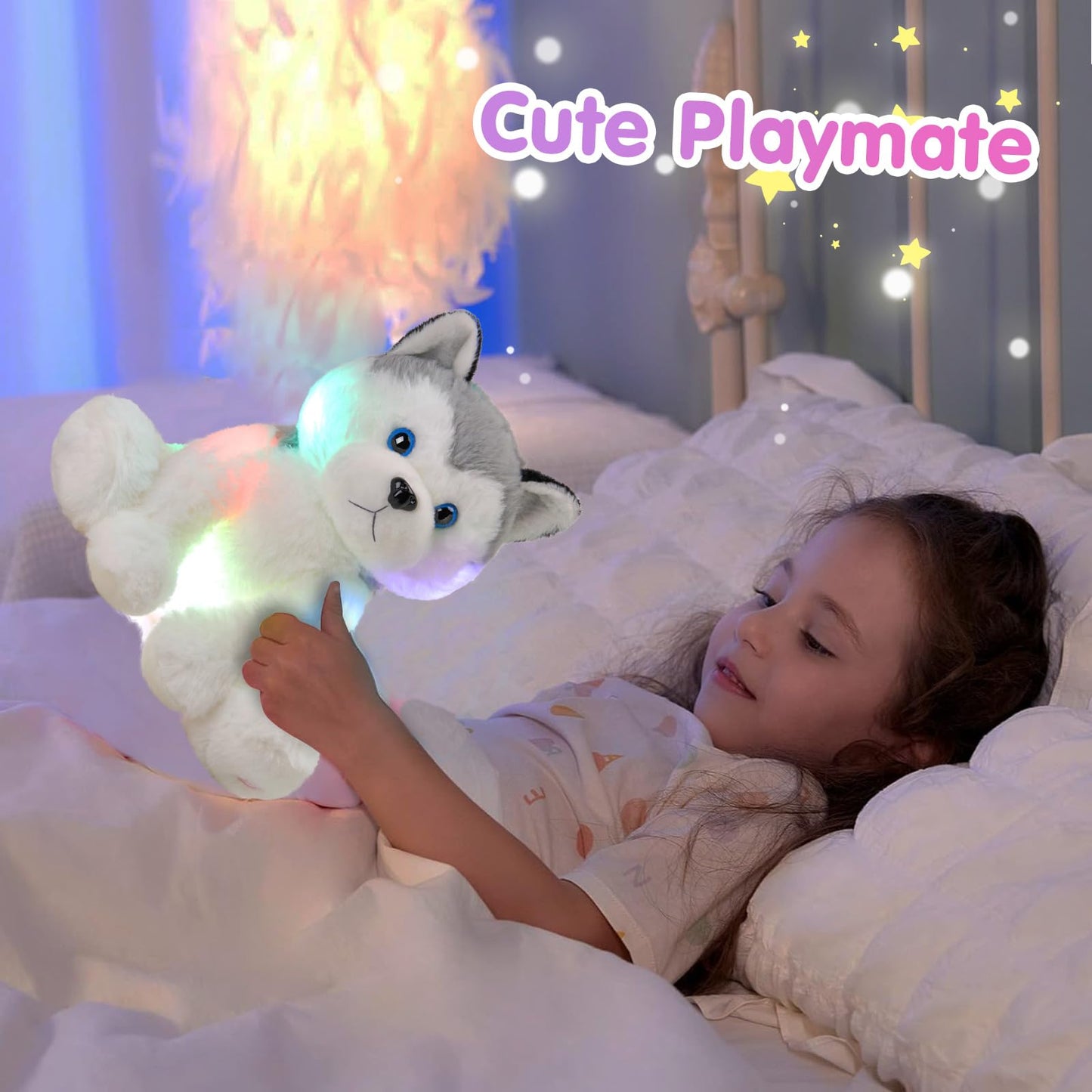 Houwsbaby 12-inch Gray Light-Up Husky Plush Toy | Glow Night Light for Kids