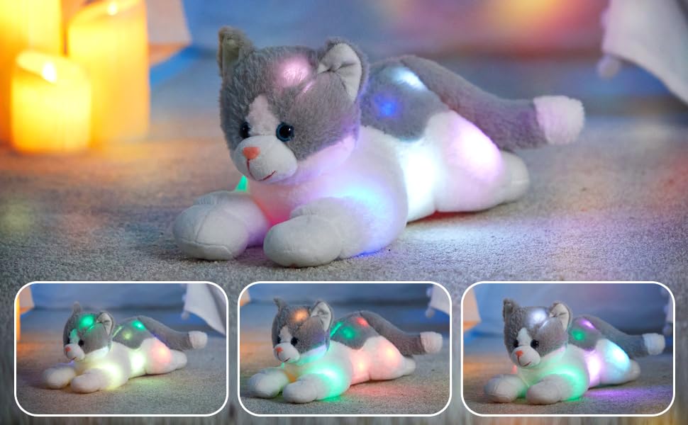 Houwsbaby 15-inch Gray Light-Up Kitty Plush — LED Night Light Toy for Kids