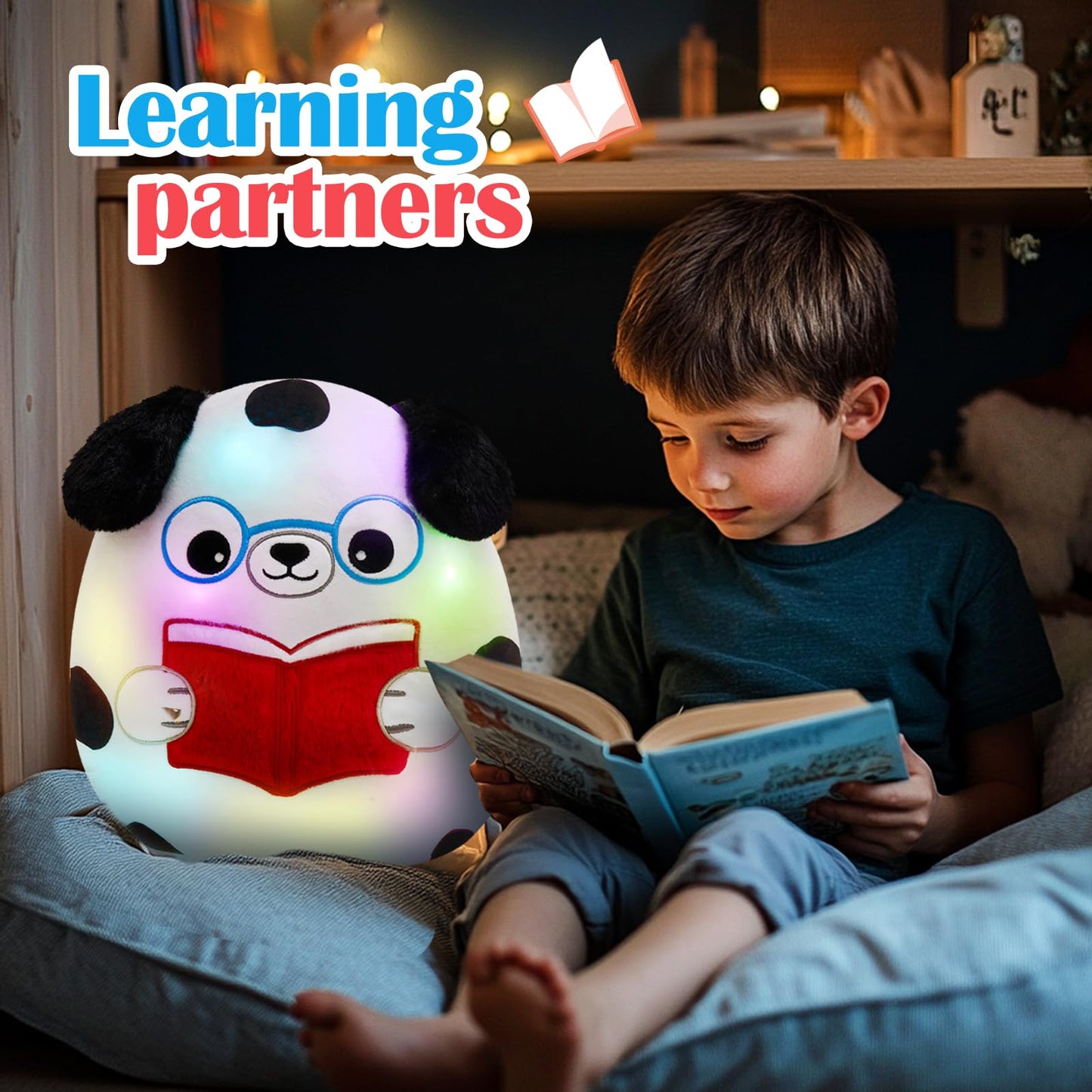 Houwsbaby 12in Light-Up Reading Spotted Dog Plush Pillow – Glow-in-the-Dark Puppy Toy for Bedtime & Play