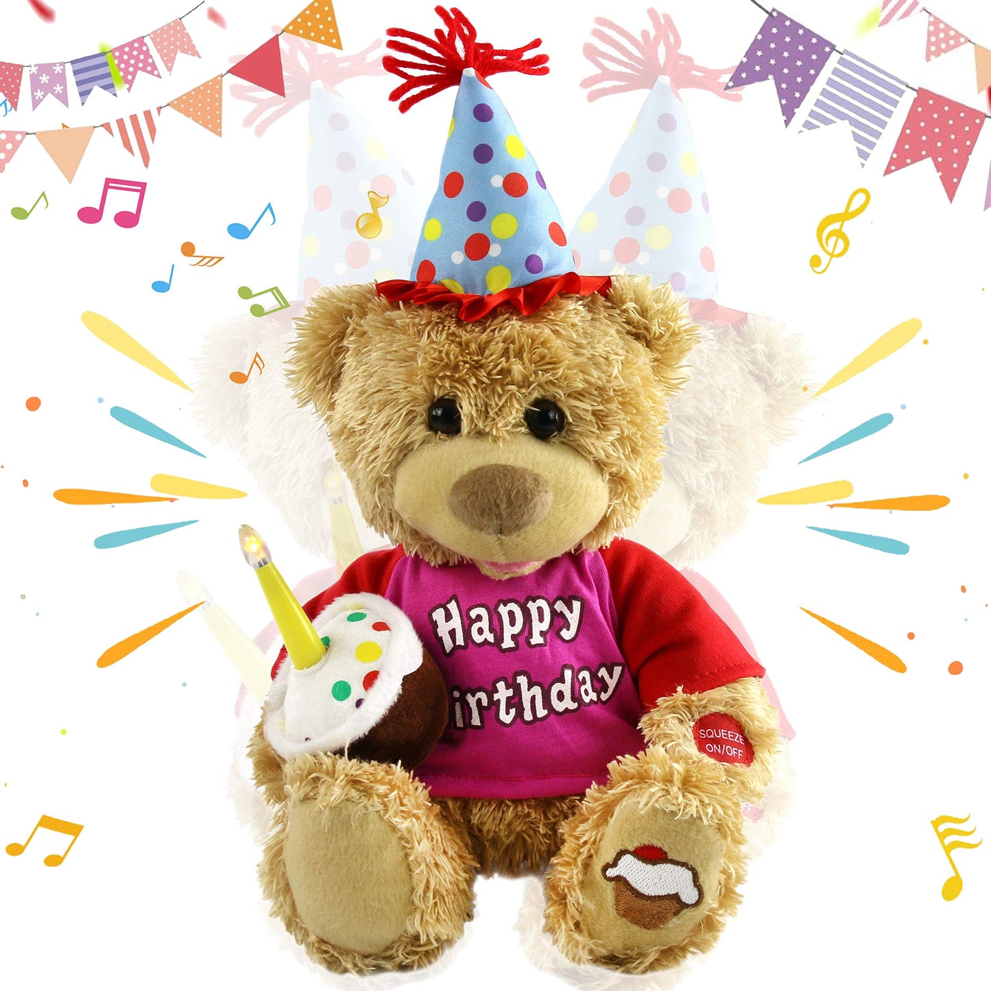 Houwsbaby 13.5'' Birthday Teddy Bear - Singing Plush with Cupcake Glow Candle
