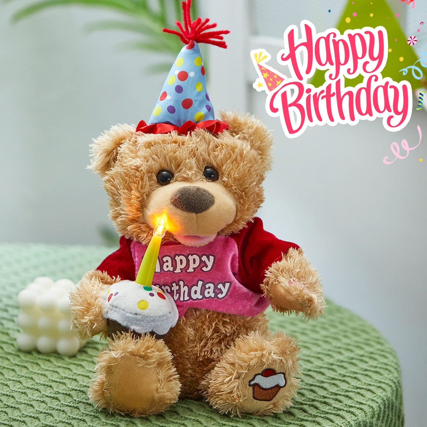 Houwsbaby 13.5'' Birthday Teddy Bear - Singing Plush with Cupcake Glow Candle