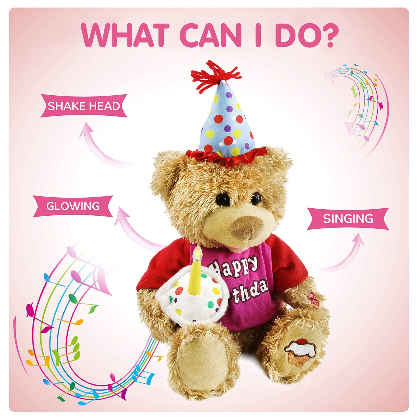 Houwsbaby 13.5'' Birthday Teddy Bear - Singing Plush with Cupcake Glow Candle