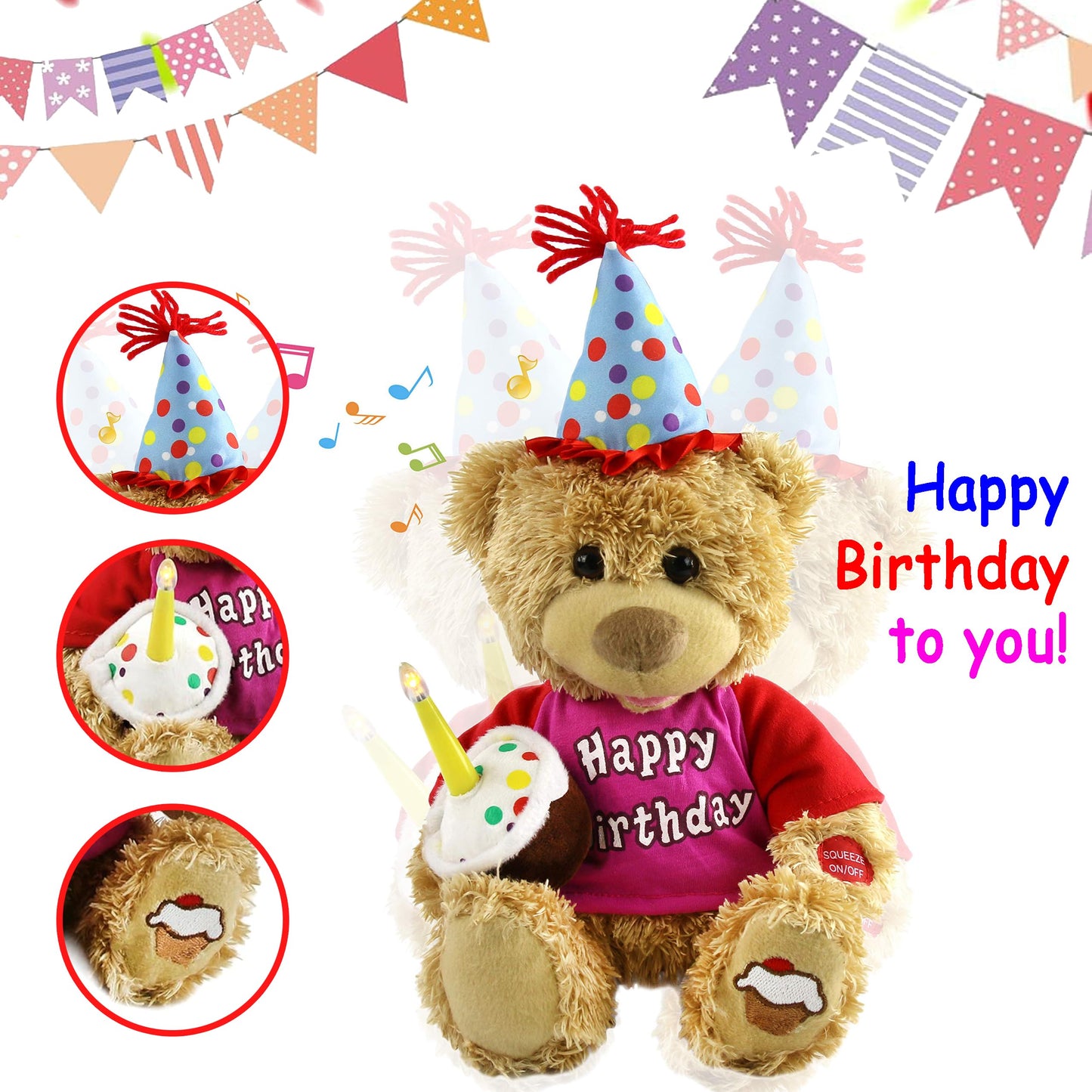 Houwsbaby 13.5'' Birthday Teddy Bear - Singing Plush with Cupcake Glow Candle