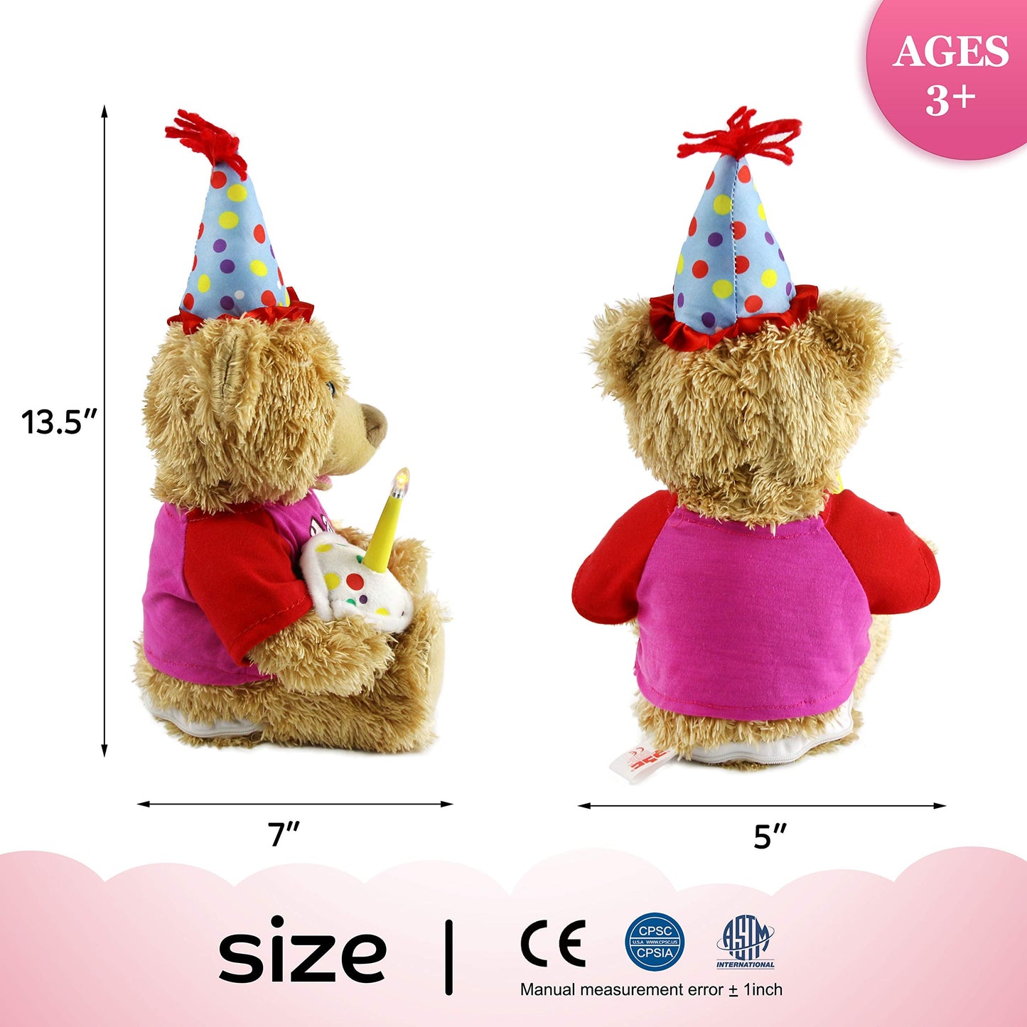 Houwsbaby 13.5'' Birthday Teddy Bear - Singing Plush with Cupcake Glow Candle