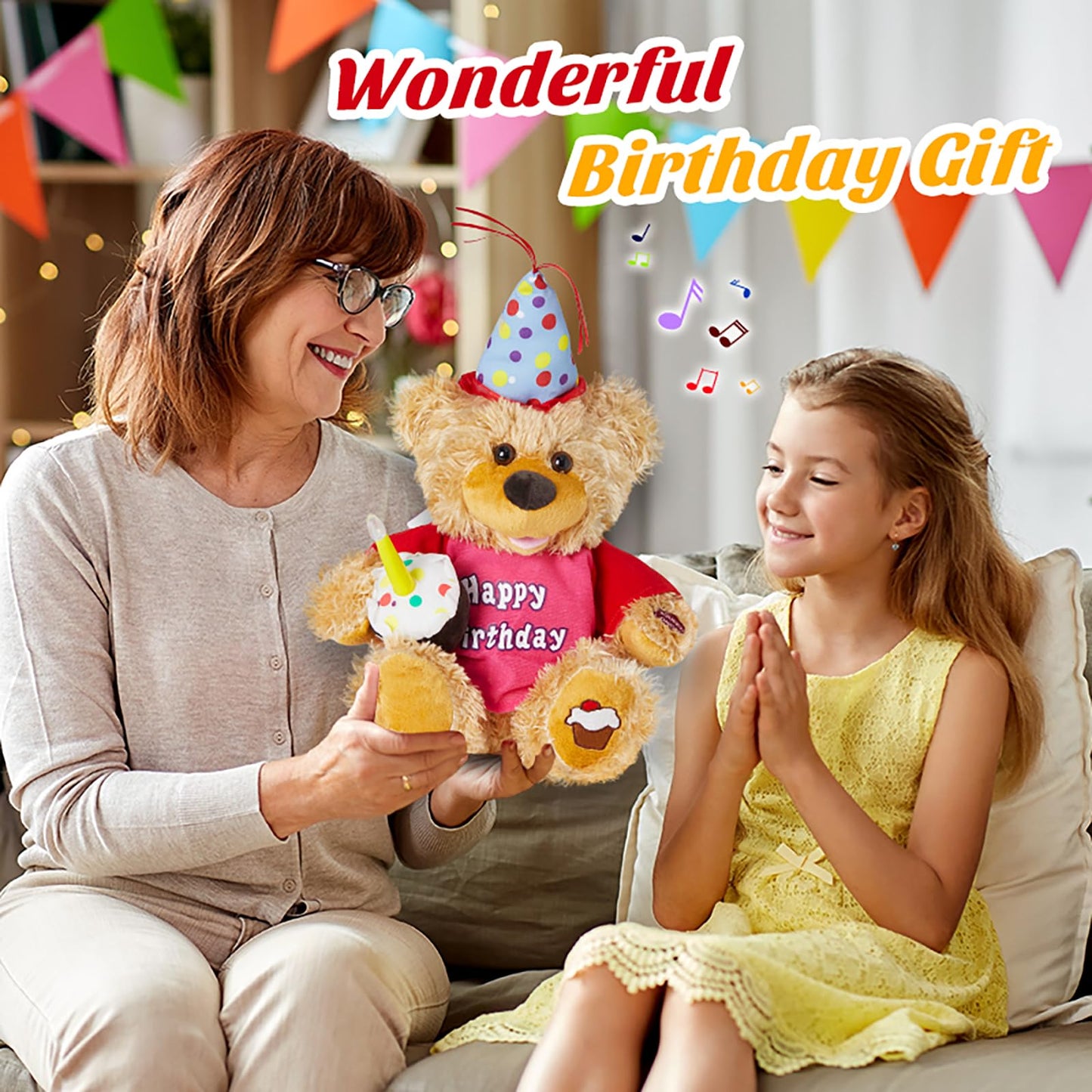 Houwsbaby 13.5'' Birthday Teddy Bear - Singing Plush with Cupcake Glow Candle