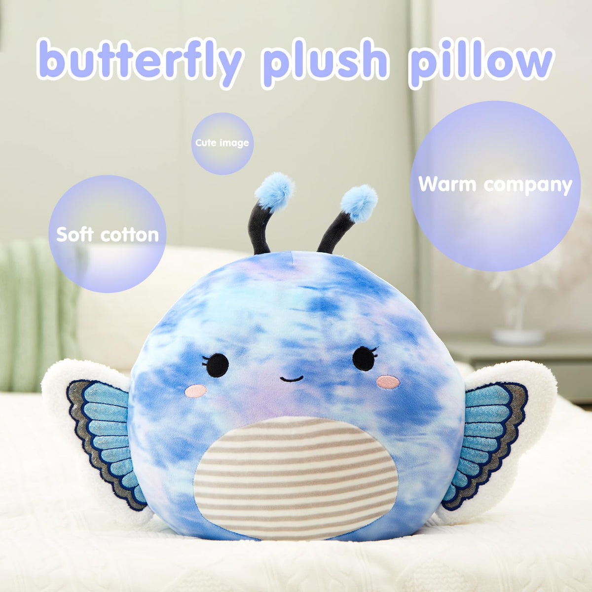 Houwsbaby 12-Inch Blue Butterfly Plush Pillow – Soft Butterfly Plush Toy for Kids