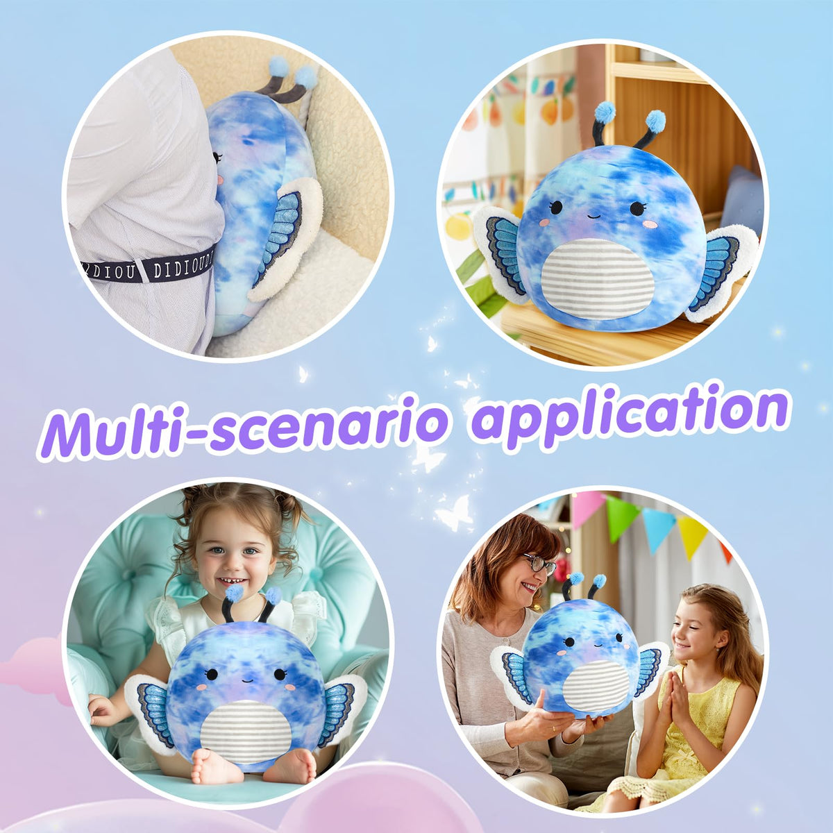 Houwsbaby 12-Inch Blue Butterfly Plush Pillow – Soft Butterfly Plush Toy for Kids