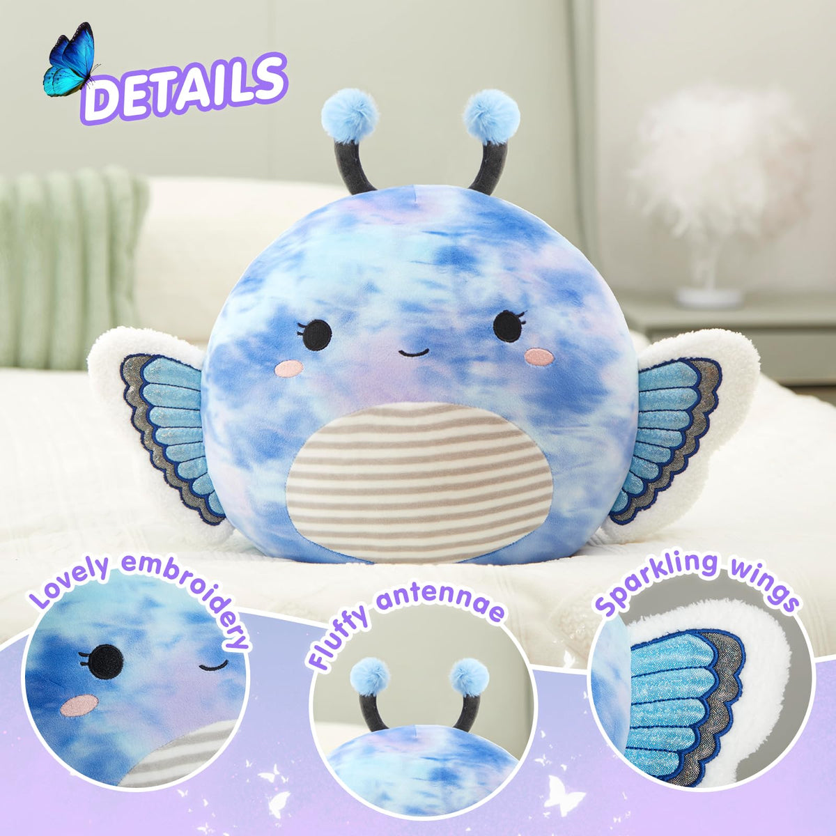 Houwsbaby 12-Inch Blue Butterfly Plush Pillow – Soft Butterfly Plush Toy for Kids