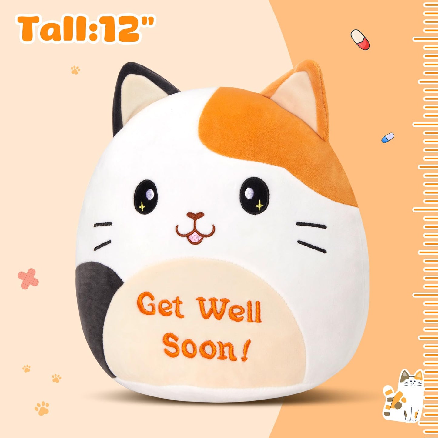 Houwsbaby 12-Inch Get Well Soon Calico Cat Plush Pillow – Soft Comfort for Recovery