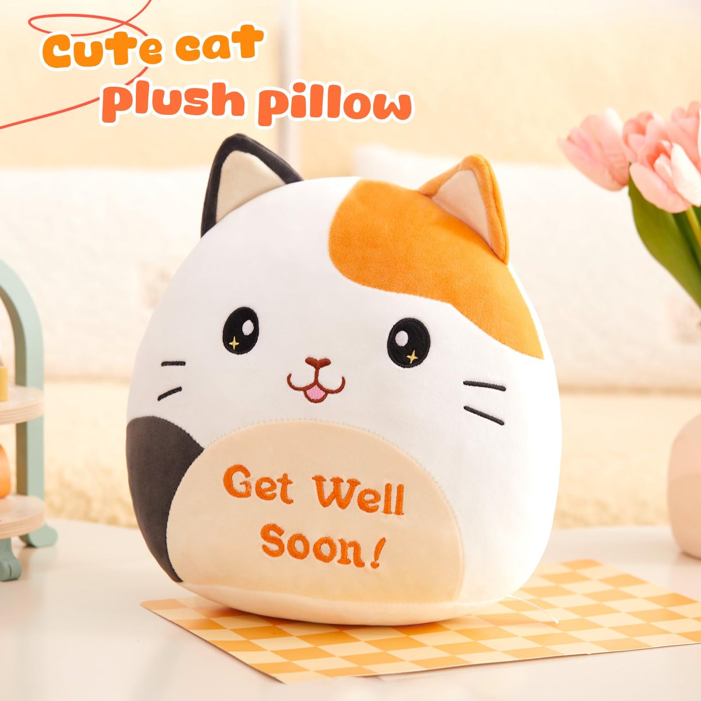 Houwsbaby 12-Inch Get Well Soon Calico Cat Plush Pillow – Soft Comfort for Recovery