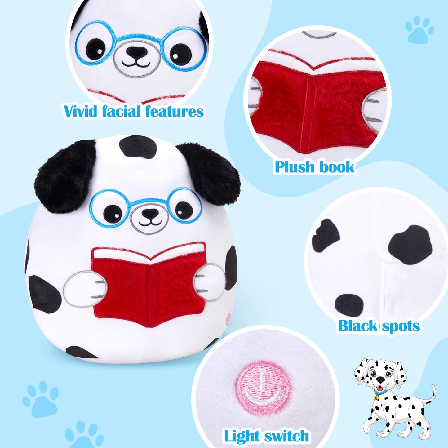Houwsbaby 12in Light-Up Reading Spotted Dog Plush Pillow – Glow-in-the-Dark Puppy Toy for Bedtime & Play