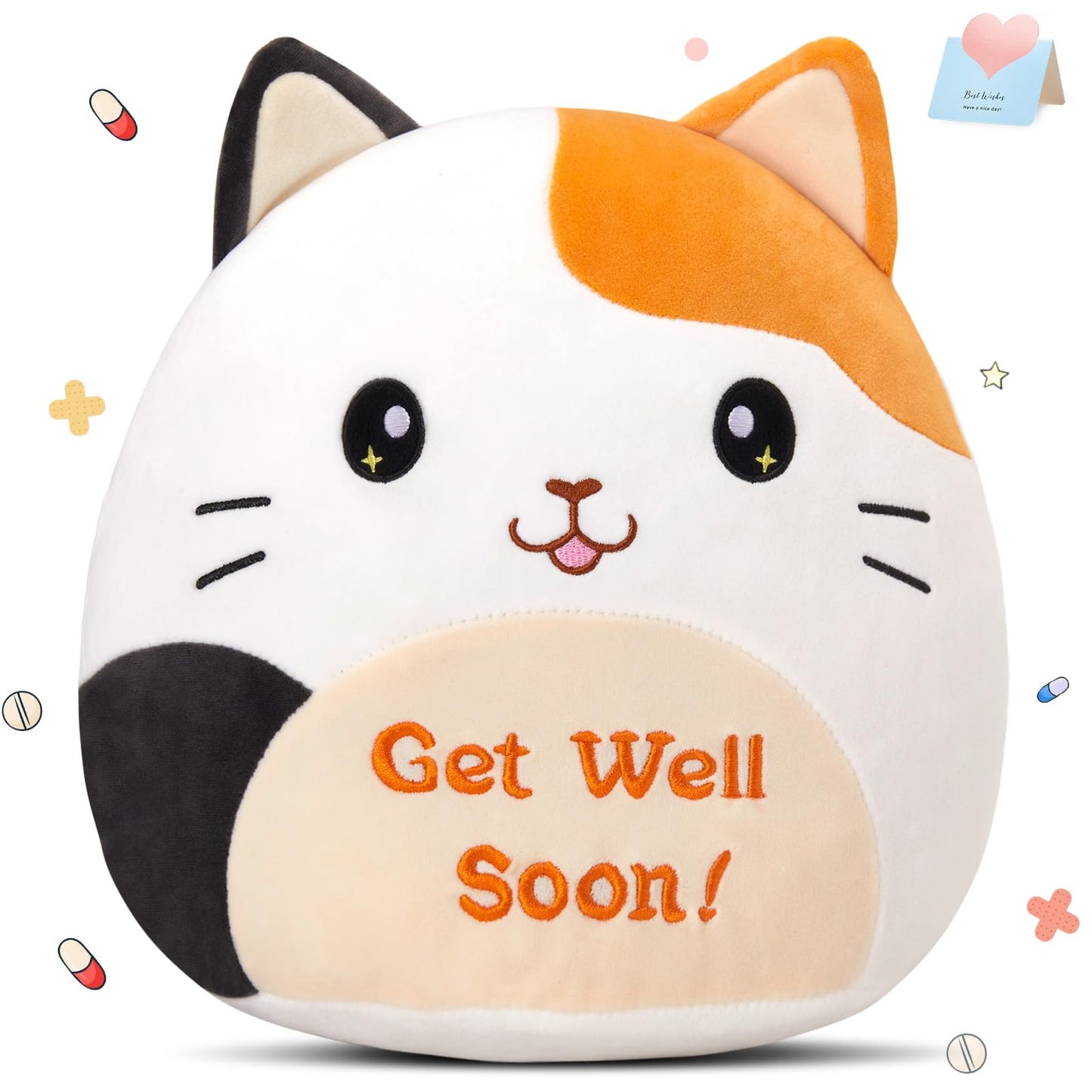 Houwsbaby 12-Inch Get Well Soon Calico Cat Plush Pillow – Soft Comfort for Recovery