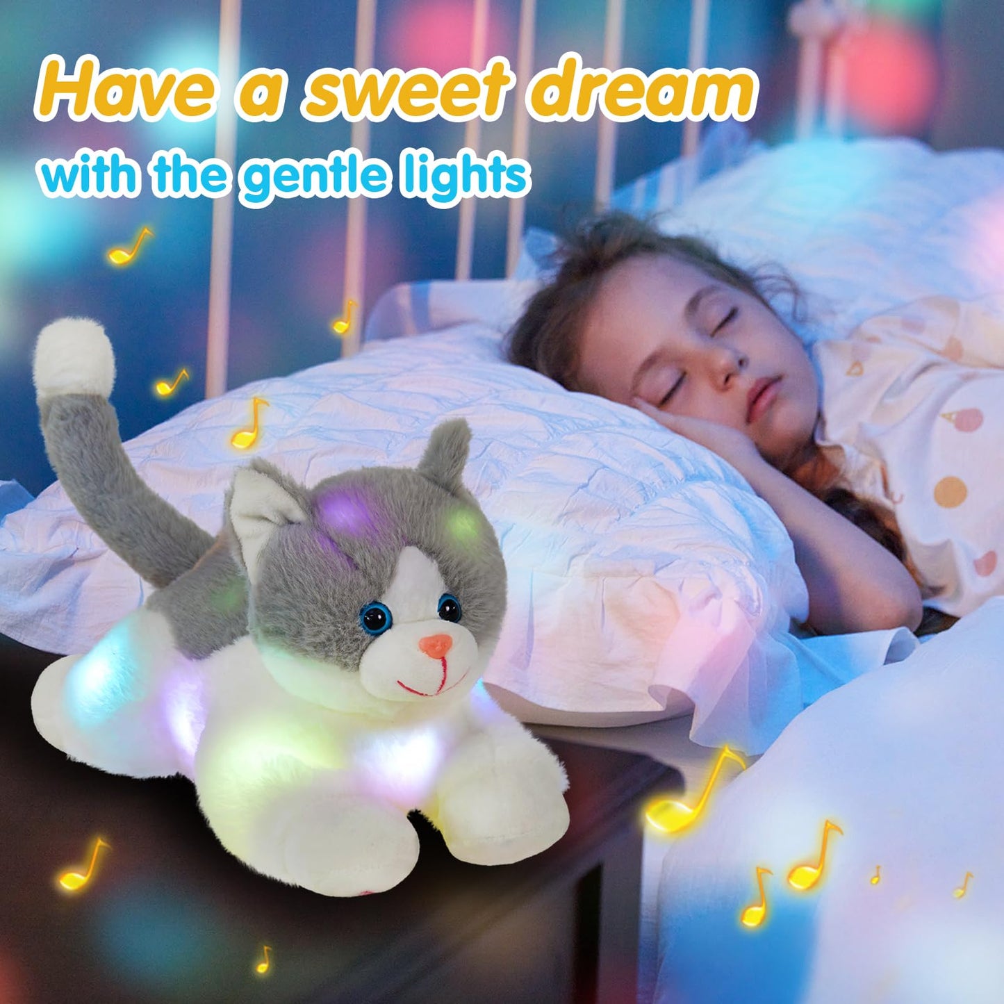 Houwsbaby 15-inch Gray LED Musical Cat Plush – Light-Up Singing Kitty Toy for Kids