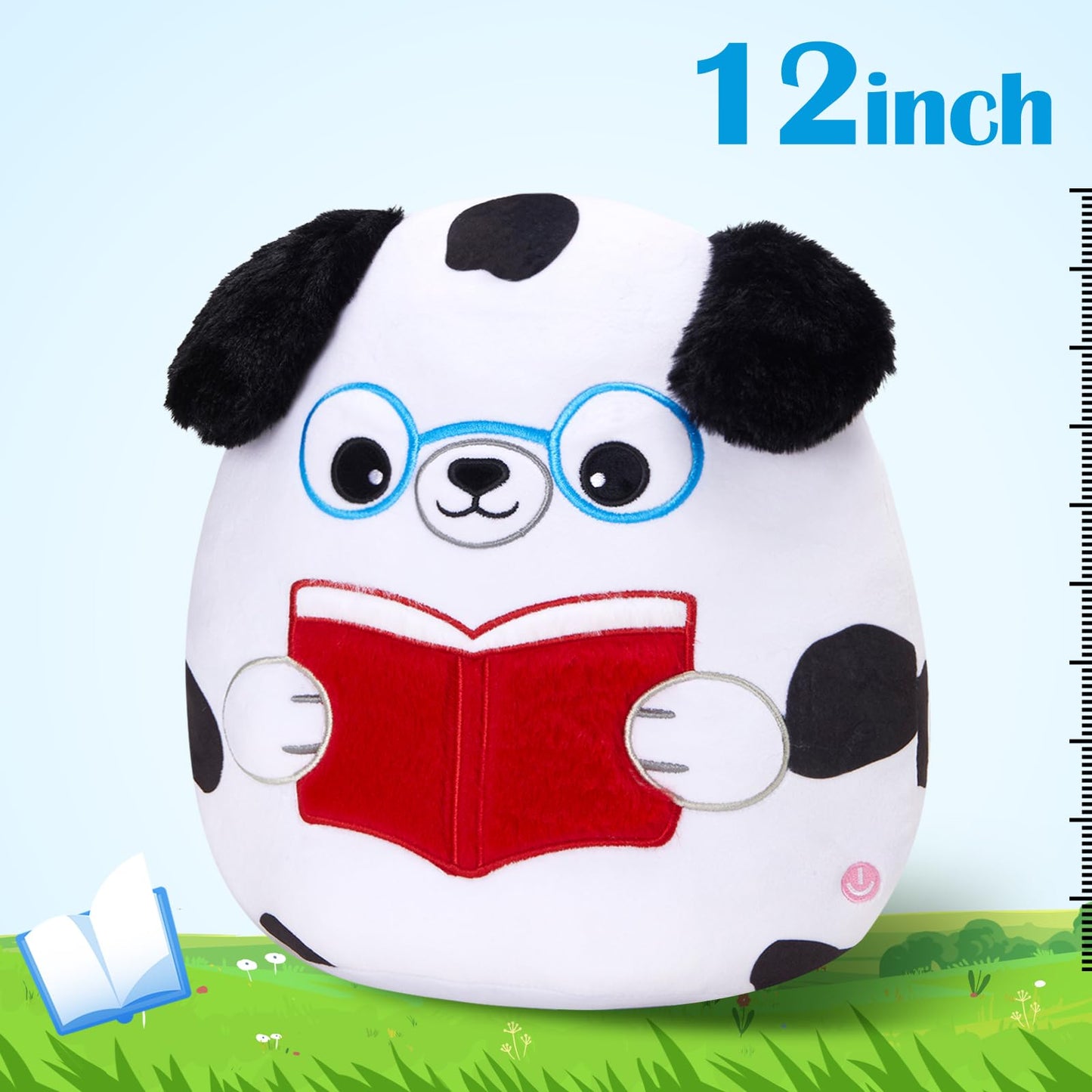 Houwsbaby 12in Light-Up Reading Spotted Dog Plush Pillow – Glow-in-the-Dark Puppy Toy for Bedtime & Play