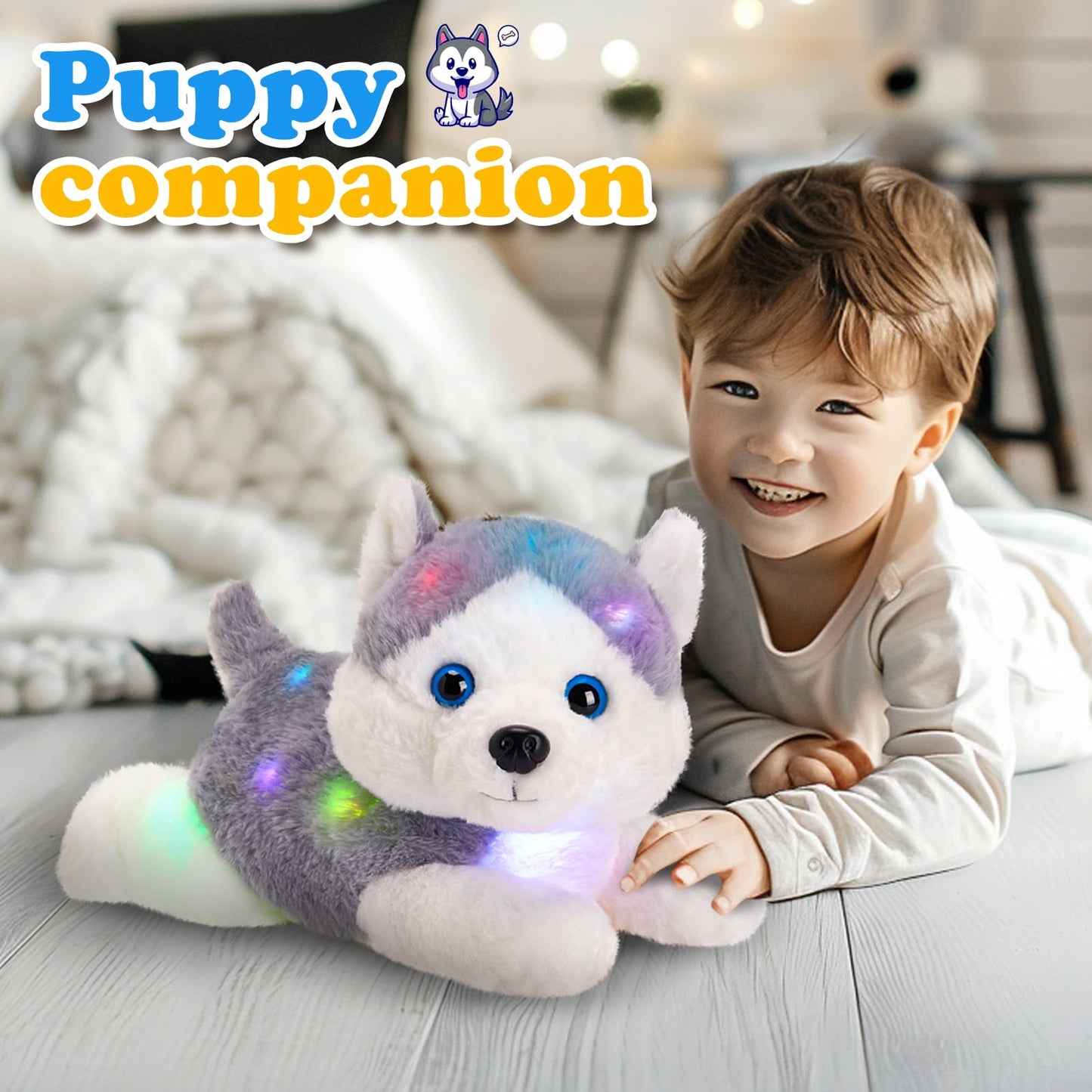 Houwsbaby 13'' Gray Light Up Husky — Soft Plush Night Light Puppy