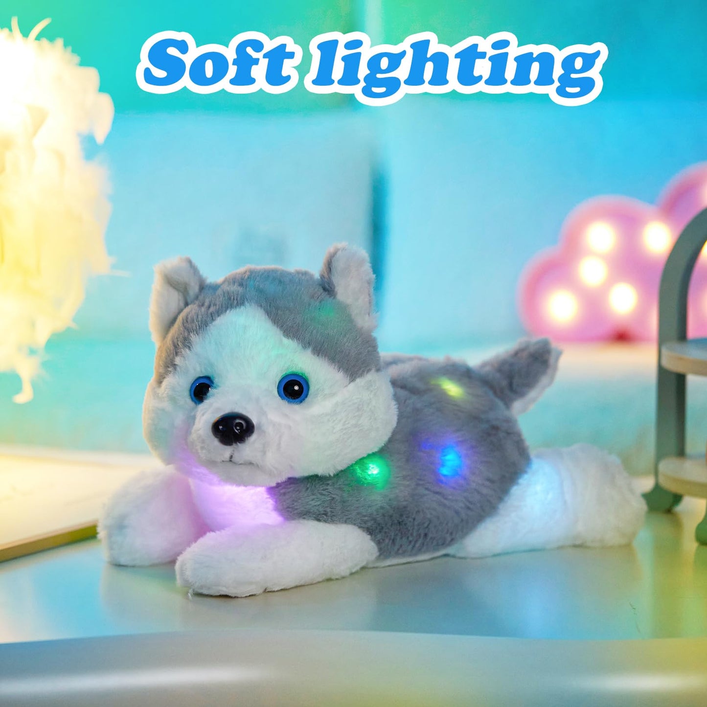 Houwsbaby 13'' Gray Light Up Husky — Soft Plush Night Light Puppy