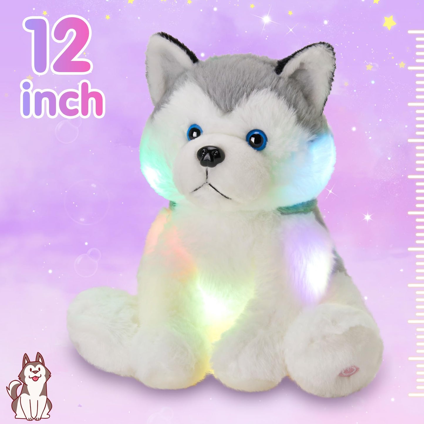 Houwsbaby 12-inch Gray Light-Up Husky Plush Toy | Glow Night Light for Kids
