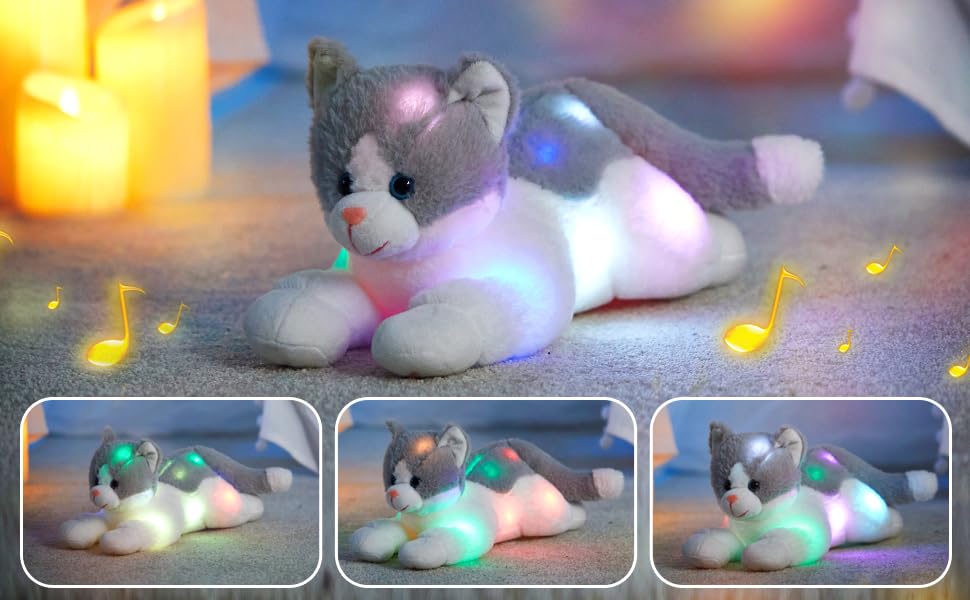 Houwsbaby 15-inch Gray LED Musical Cat Plush – Light-Up Singing Kitty Toy for Kids