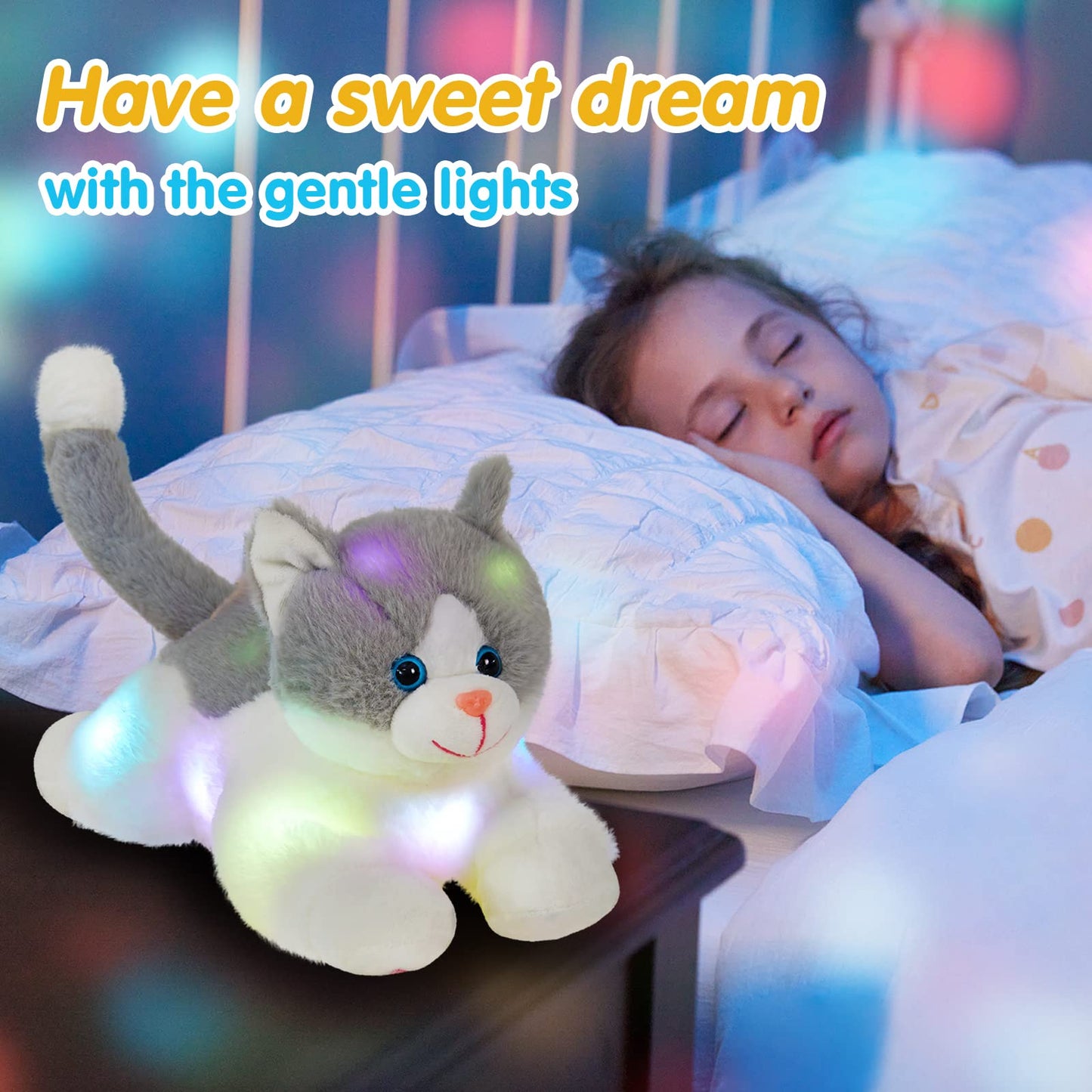 Houwsbaby 15-inch Gray Light-Up Kitty Plush — LED Night Light Toy for Kids