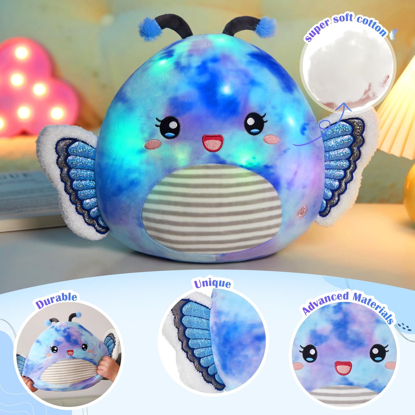 Houwsbaby 12" Blue Light Up Butterfly Plush Pillow | LED Night Light & Plush Toy