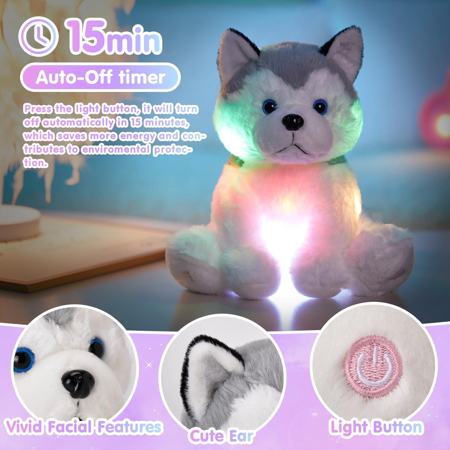 Houwsbaby 12-inch Gray Light-Up Husky Plush Toy | Glow Night Light for Kids