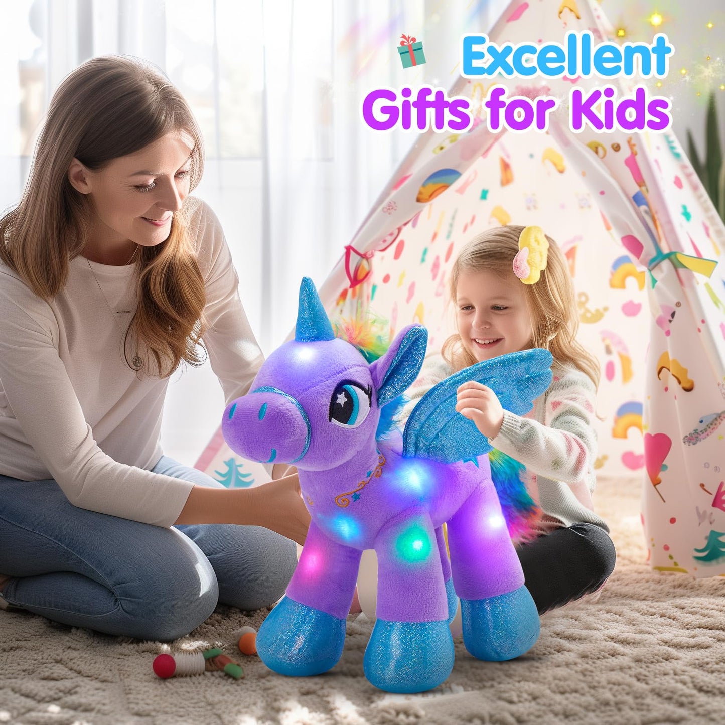 Houwsbaby 14-Inch Purple LED Light Up Unicorn Plush – Glow Night Light for Kids