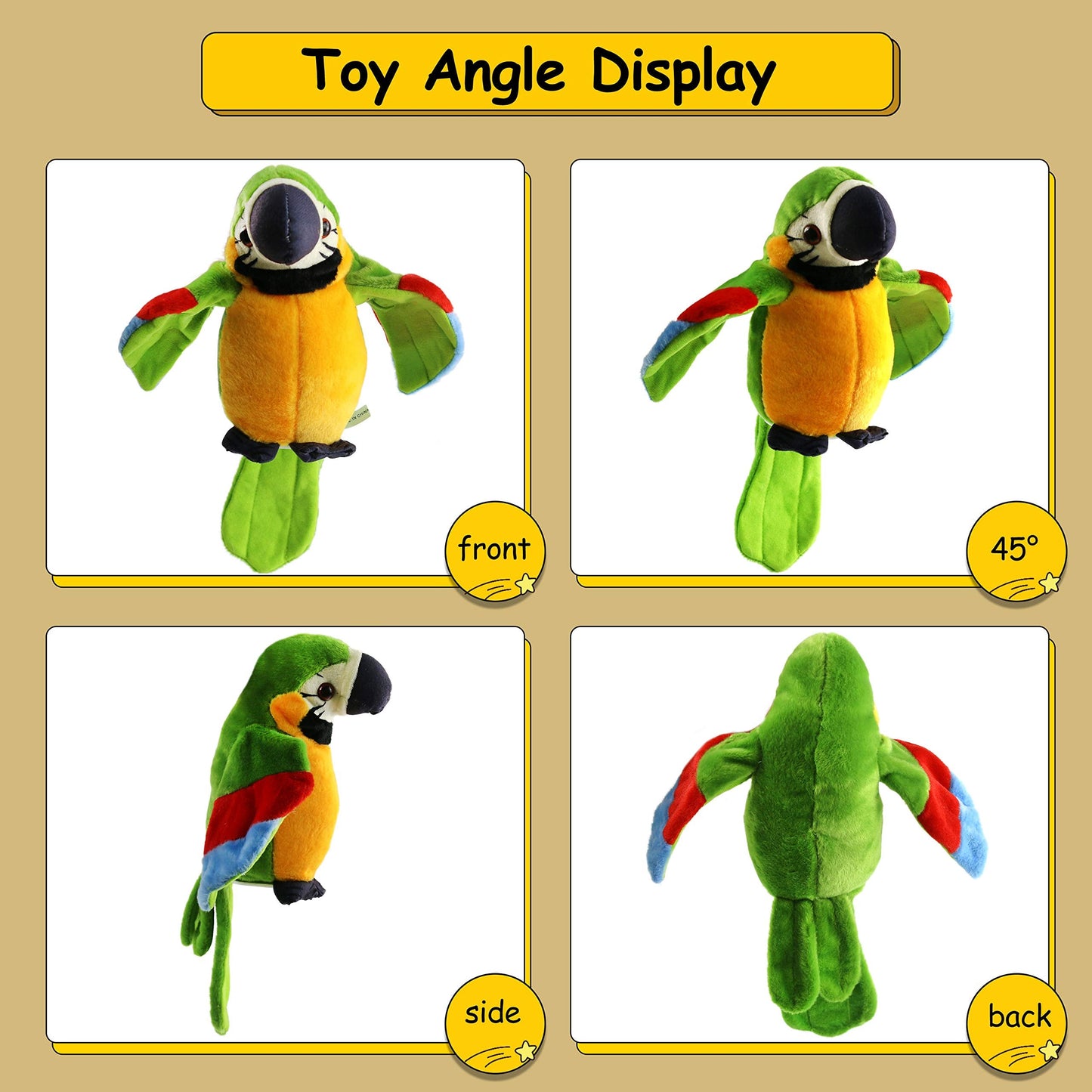 Houwsbaby 9'' Green Electronic Musical Talking Parrot Plush Toy – Recording, Repeats Your Voice, Wings Shake