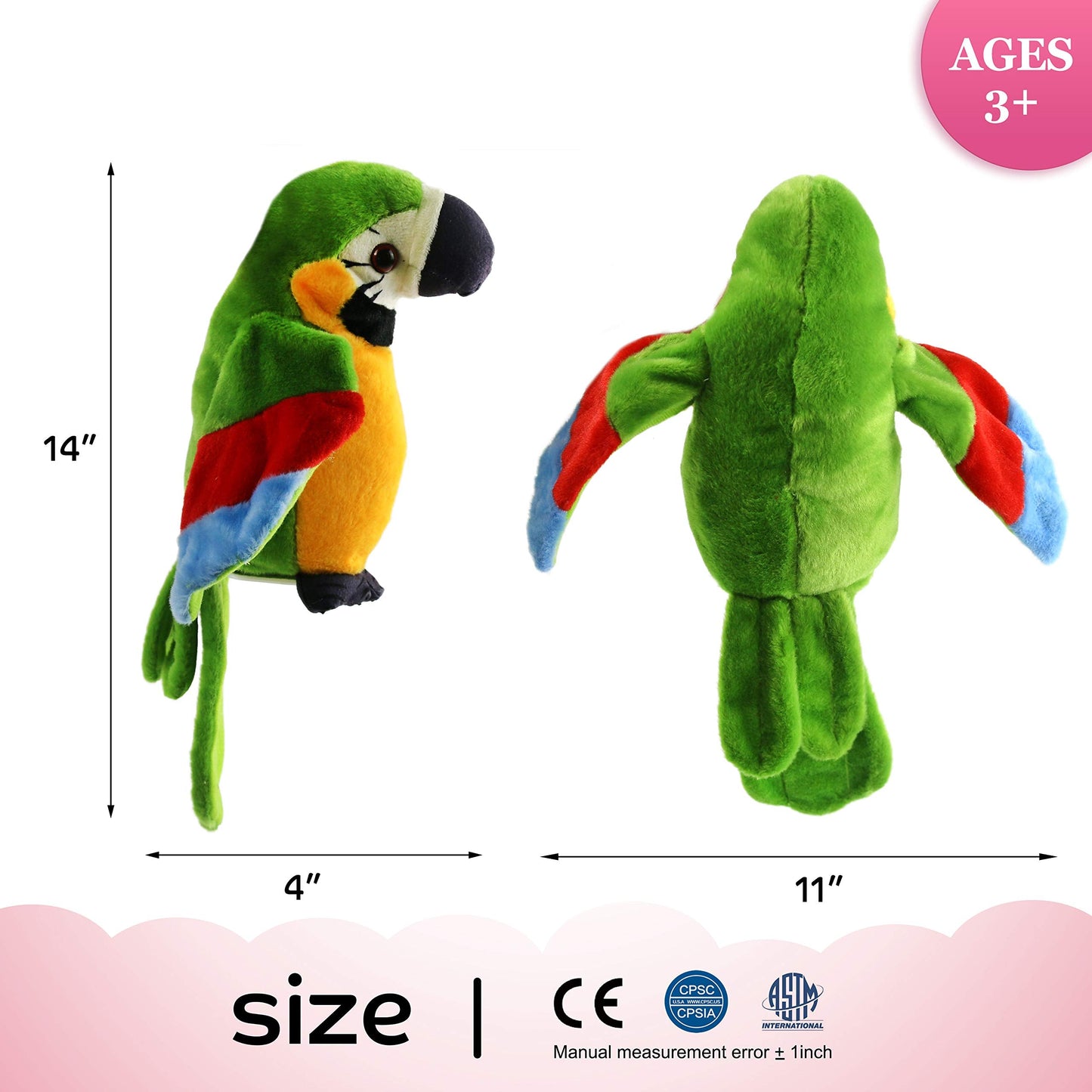 Houwsbaby 9'' Green Electronic Musical Talking Parrot Plush Toy – Recording, Repeats Your Voice, Wings Shake