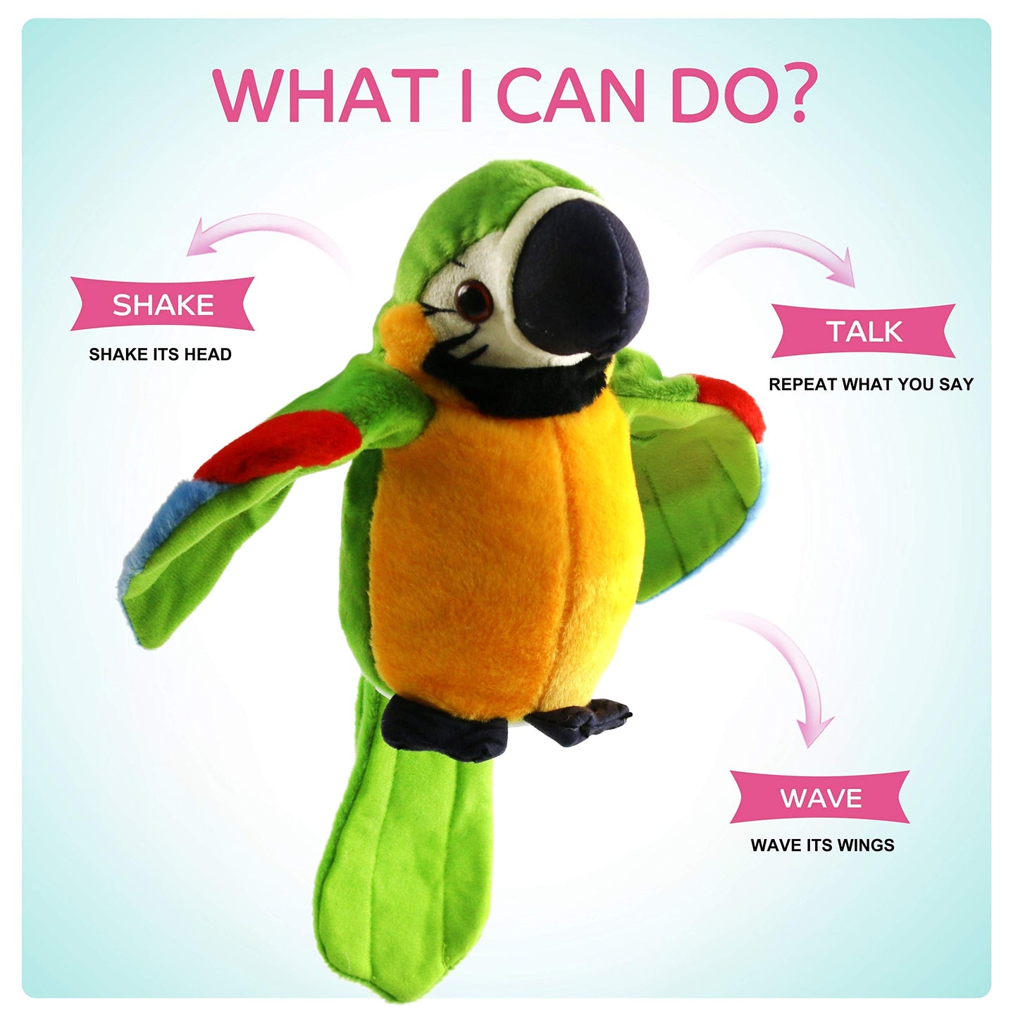 Houwsbaby 9'' Green Electronic Musical Talking Parrot Plush Toy – Recording, Repeats Your Voice, Wings Shake