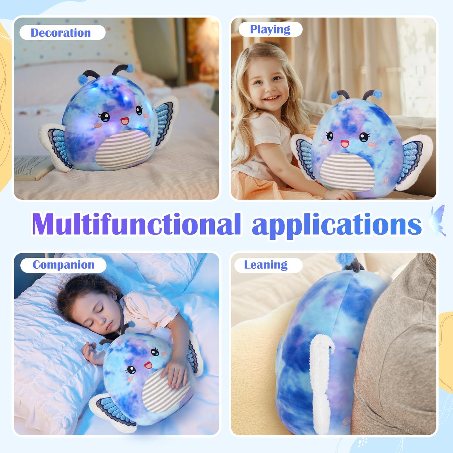 Houwsbaby 12" Blue Light Up Butterfly Plush Pillow | LED Night Light & Plush Toy