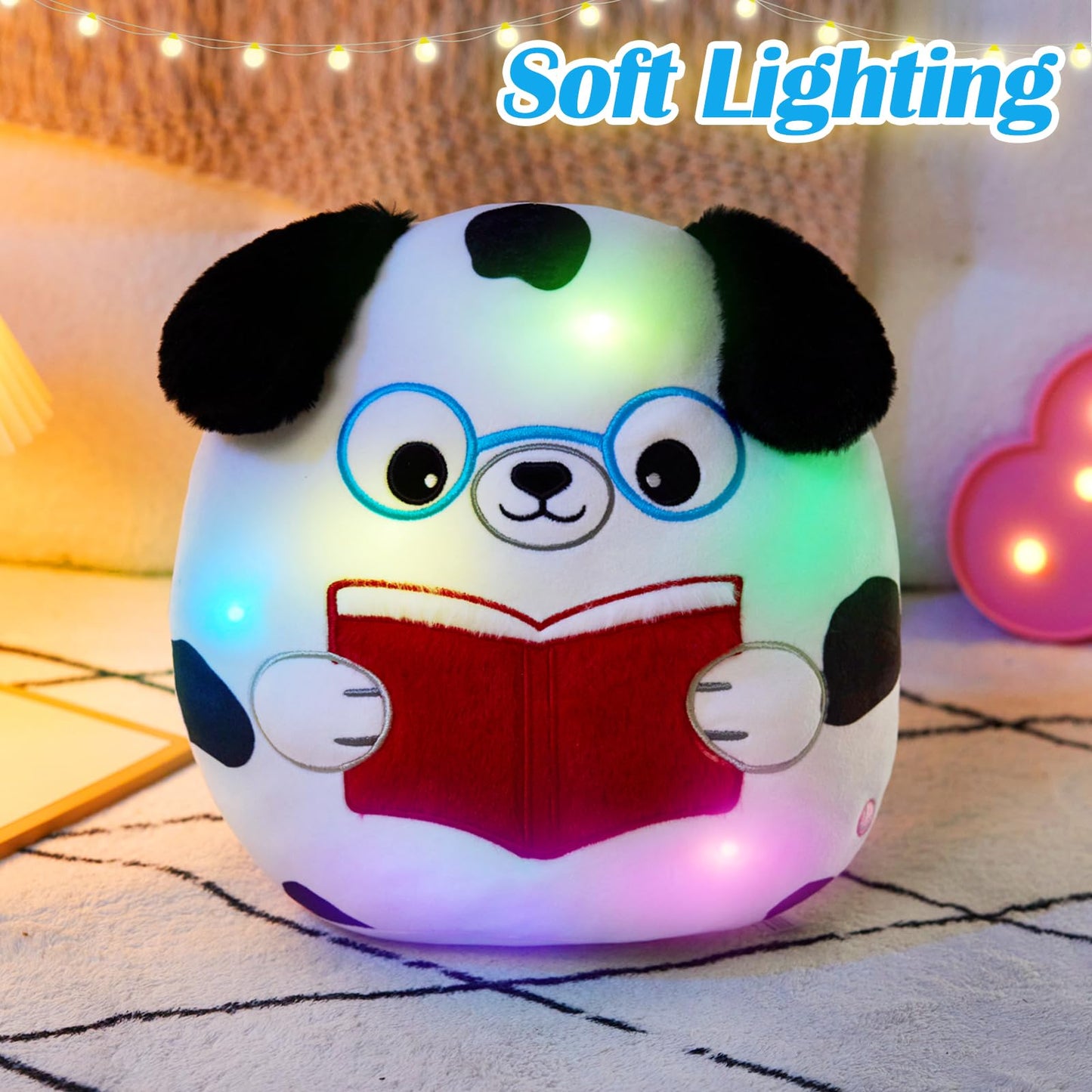 Houwsbaby 12in Light-Up Reading Spotted Dog Plush Pillow – Glow-in-the-Dark Puppy Toy for Bedtime & Play