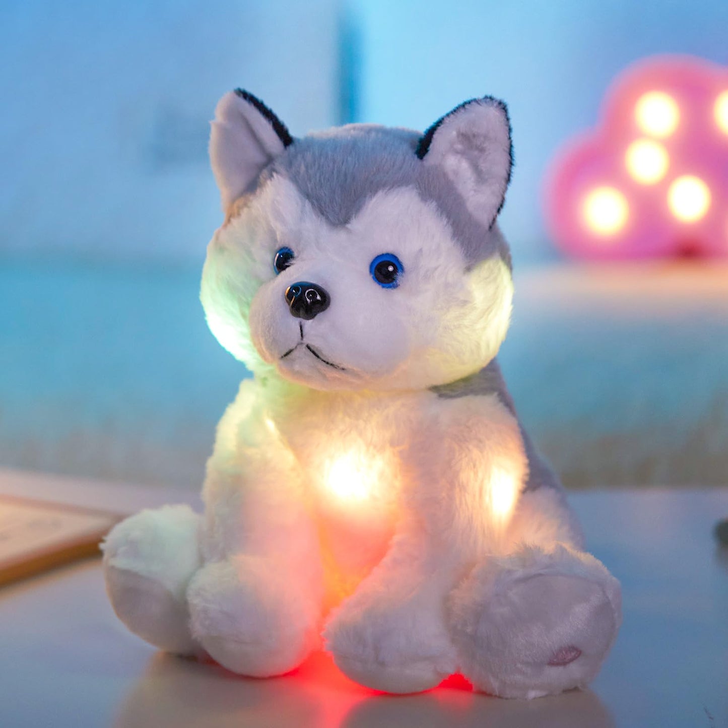 Houwsbaby 12-inch Gray Light-Up Husky Plush Toy | Glow Night Light for Kids