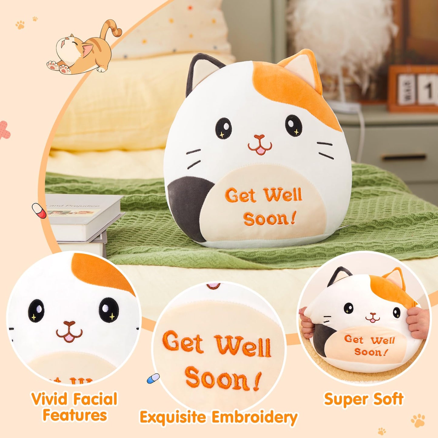 Houwsbaby 12-Inch Get Well Soon Calico Cat Plush Pillow – Soft Comfort for Recovery