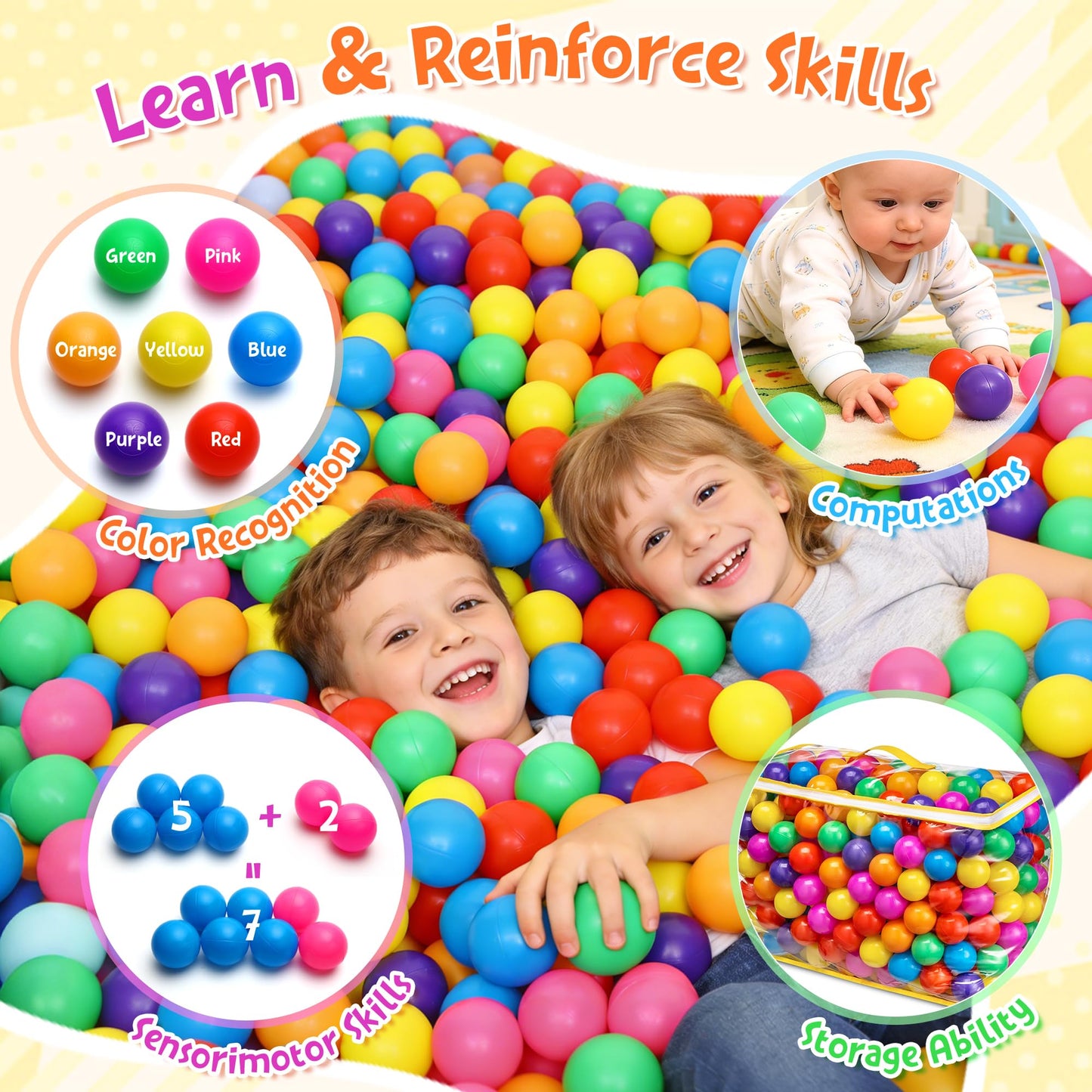 Hovenlay Ball Pit Balls – 7 Colors, BPA & Phthalate Free, Crush-Proof Plastic (400 Balls) with Storage Bag