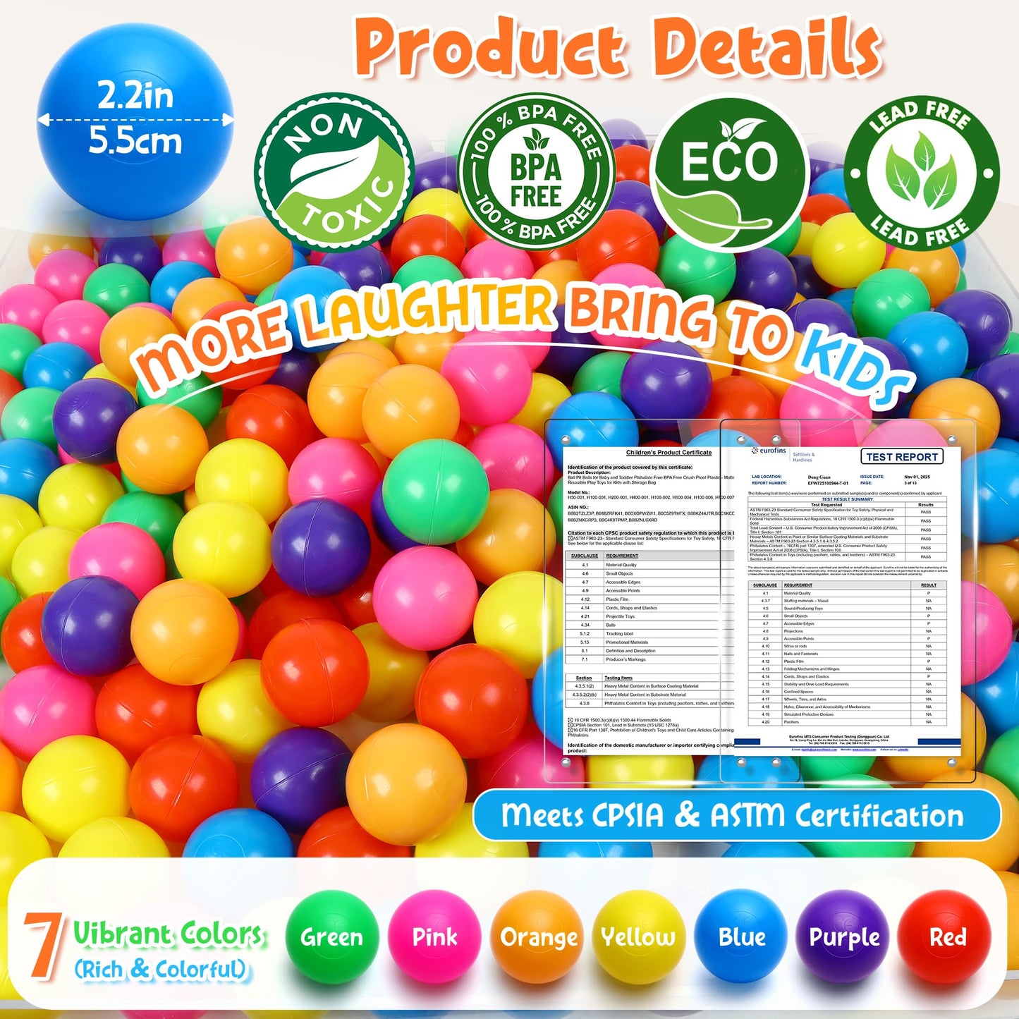 Hovenlay Ball Pit Balls – 7 Colors, BPA & Phthalate Free, Crush-Proof Plastic (400 Balls) with Storage Bag