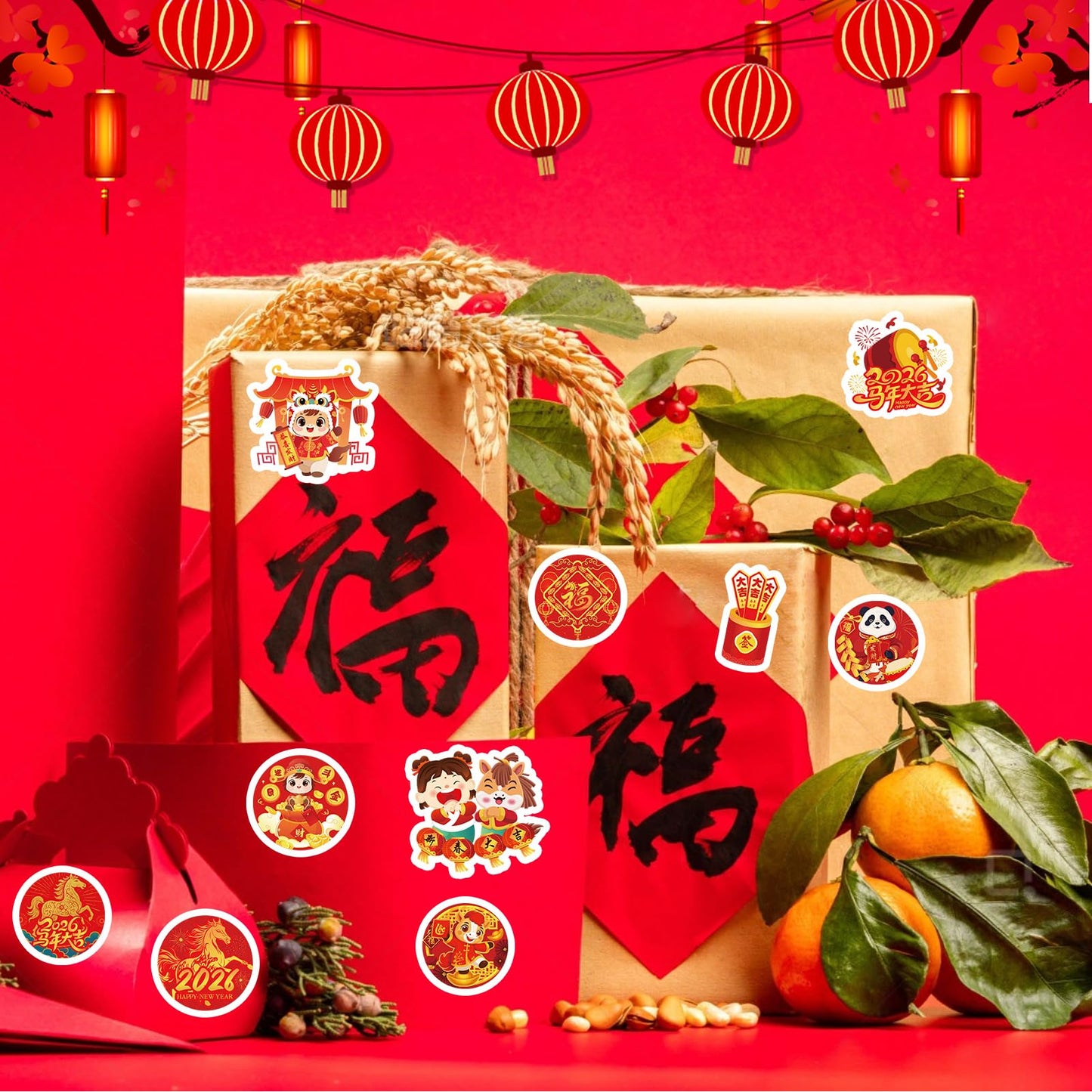 HOWAF 288pcs Chinese New Year Stickers | 2026 Year of the Horse Red & Gold