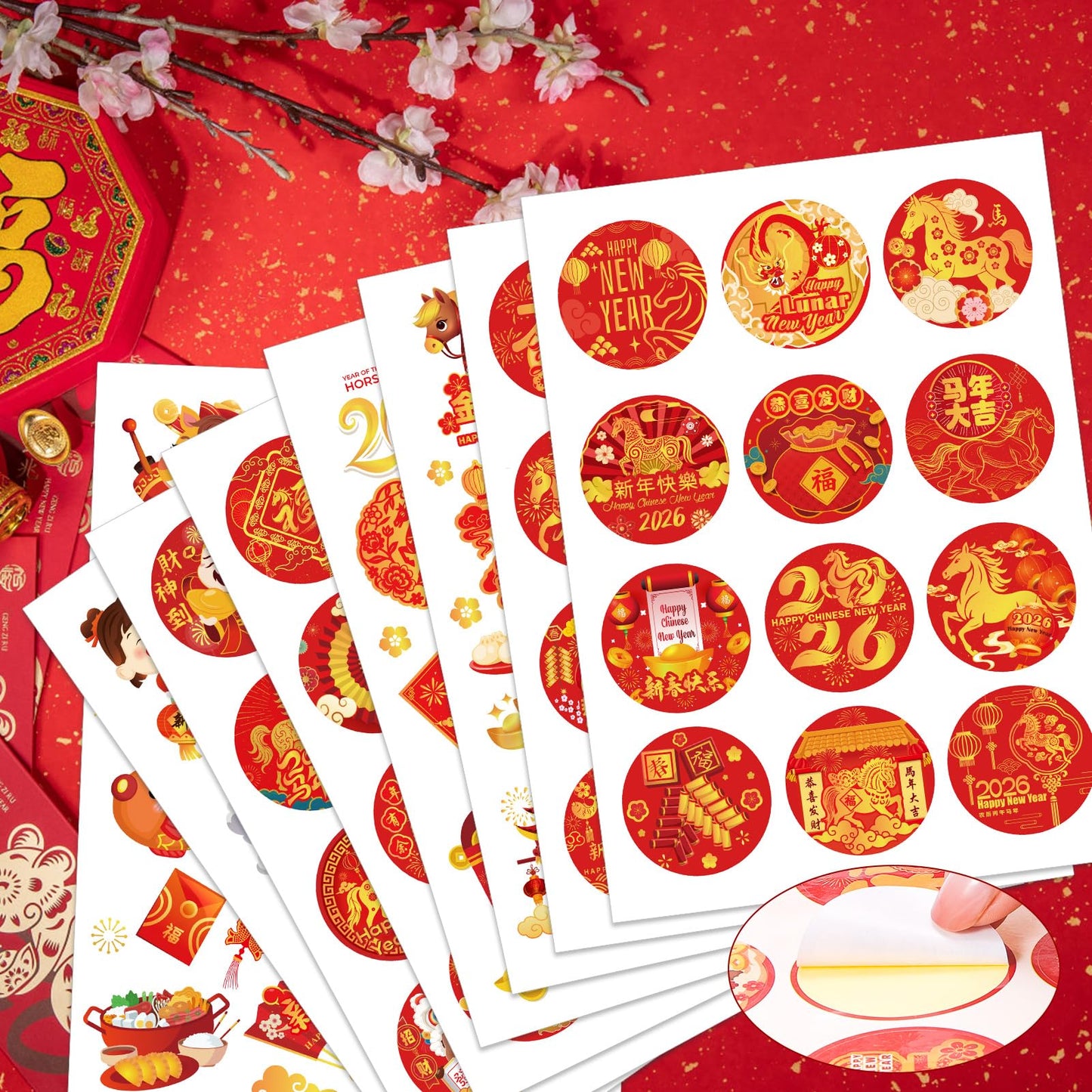 HOWAF 288pcs Chinese New Year Stickers | 2026 Year of the Horse Red & Gold