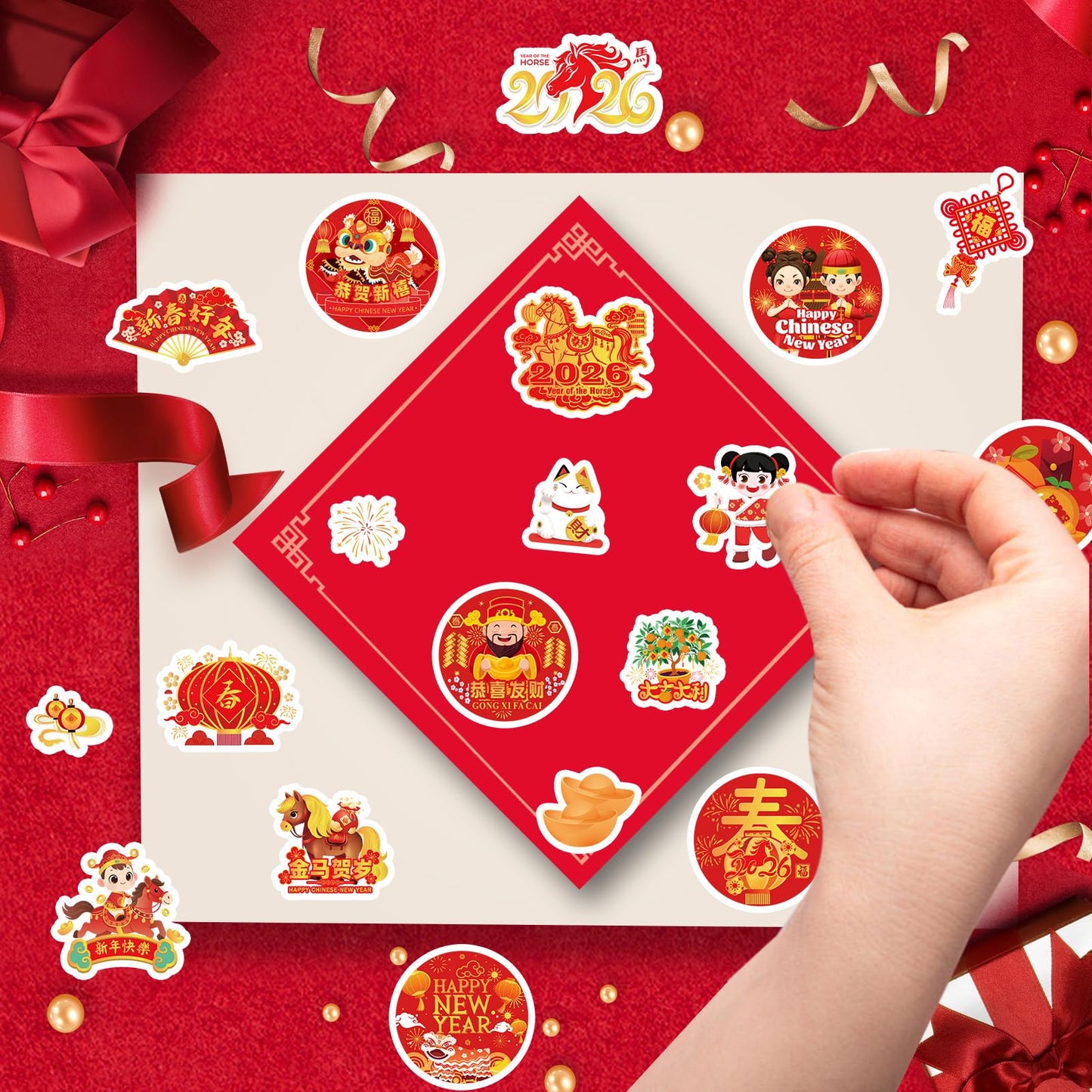 HOWAF 288pcs Chinese New Year Stickers | 2026 Year of the Horse Red & Gold
