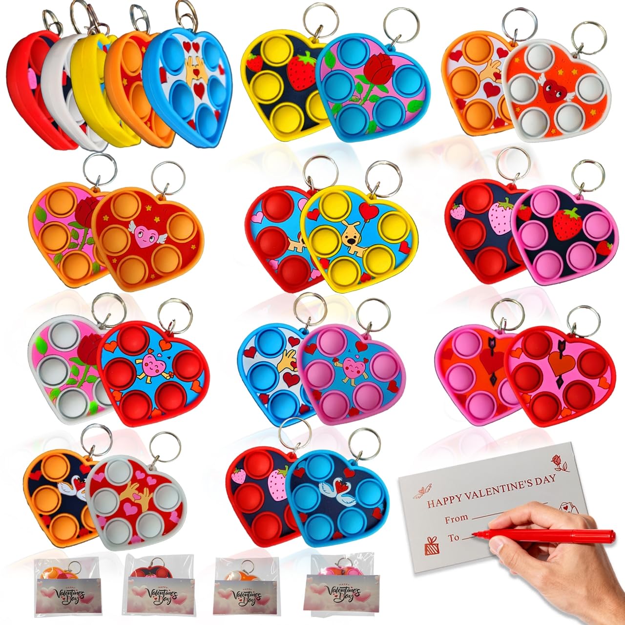 HOZKEAP Heart Fidget Bubble Keychain Bulk – 24 Pack with Greeting Cards