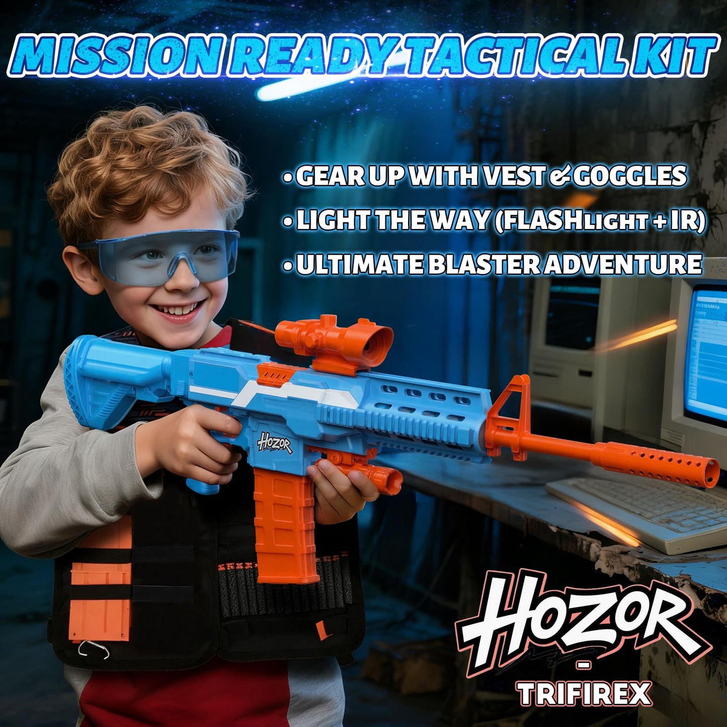 Hozor TriFireX Rechargeable Motorized Blaster Vest Kit | 3 Modes, 2 Magazines, 150 Darts