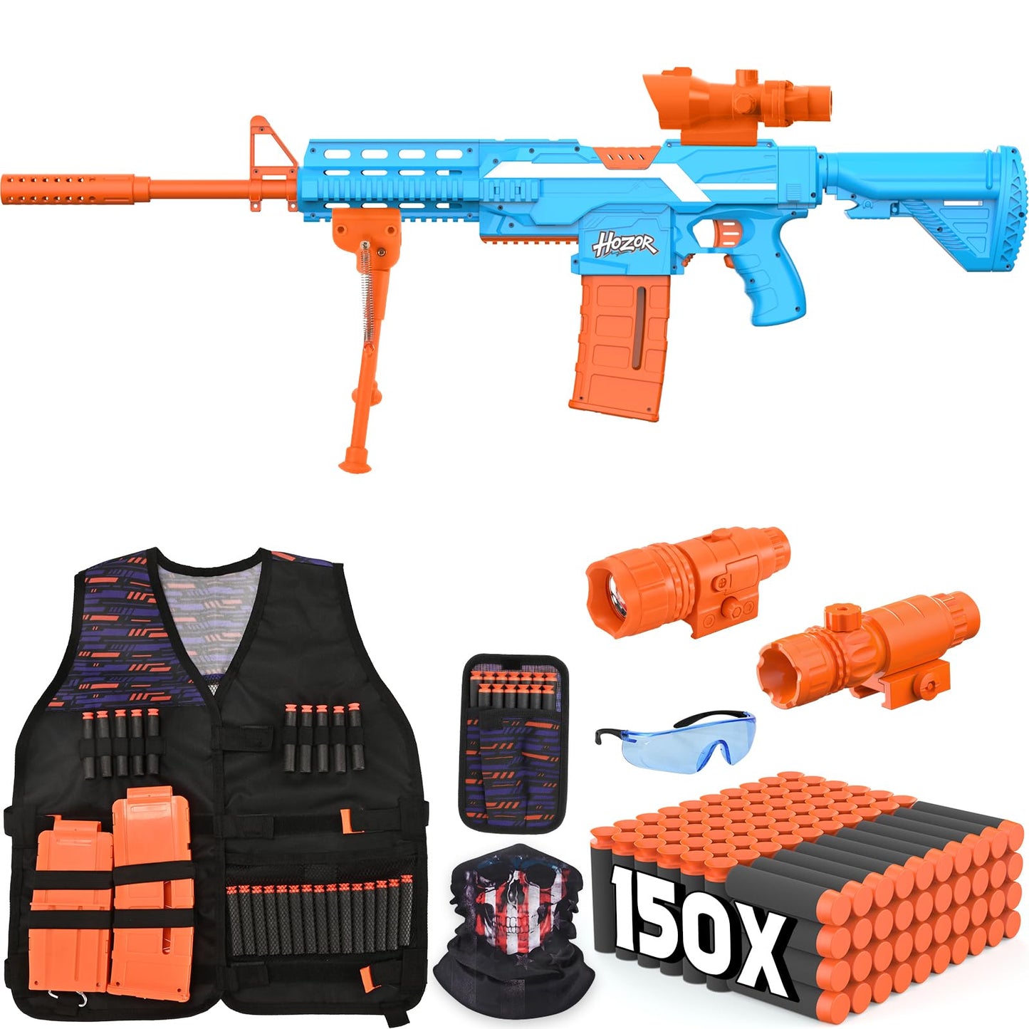 Hozor TriFireX Rechargeable Motorized Blaster Vest Kit | 3 Modes, 2 Magazines, 150 Darts