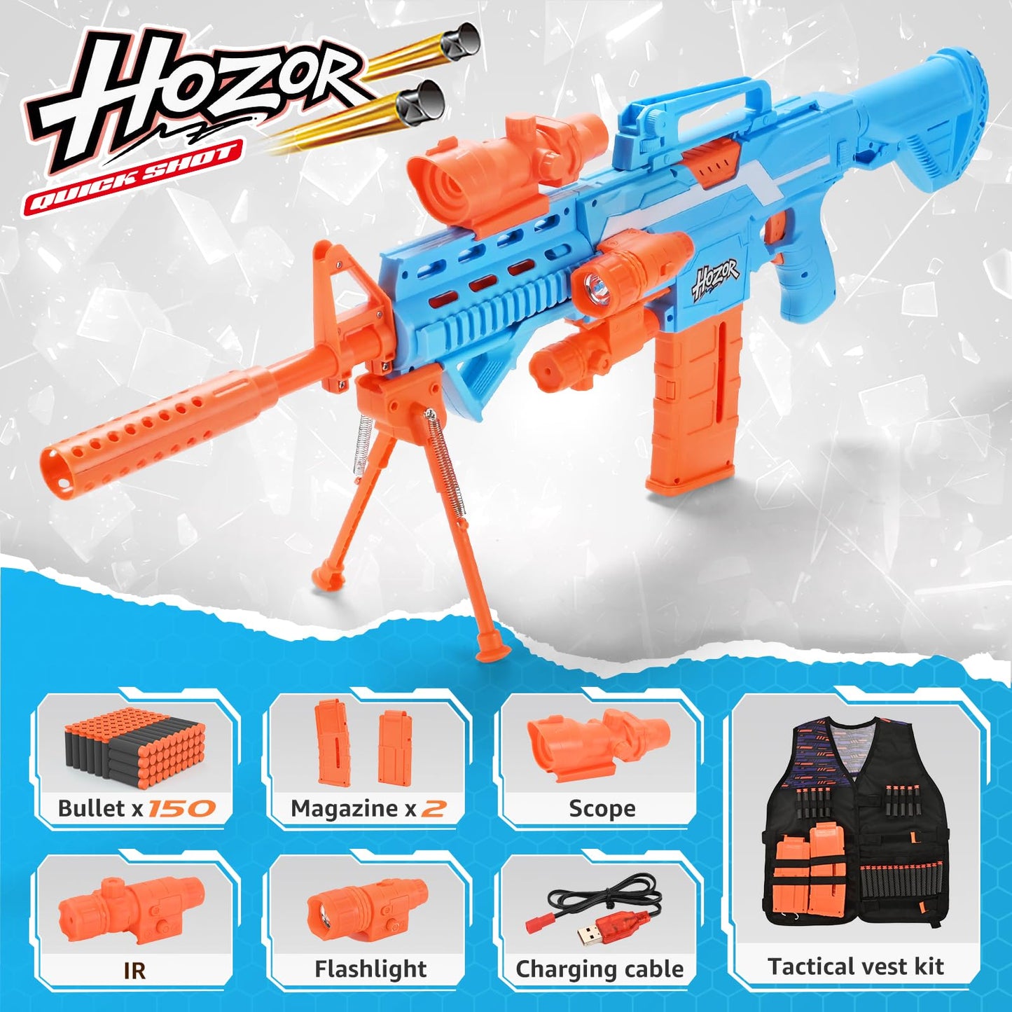 Hozor TriFireX Rechargeable Motorized Blaster Vest Kit | 3 Modes, 2 Magazines, 150 Darts