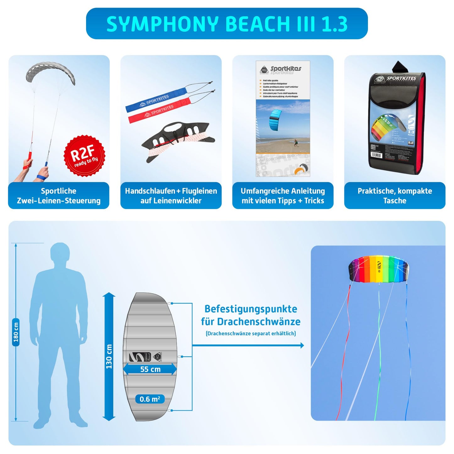 HQ Kites Symphony Beach III 1.3 Stunt Kite 51 Inch Dual-Line Rainbow – Outdoor Fun