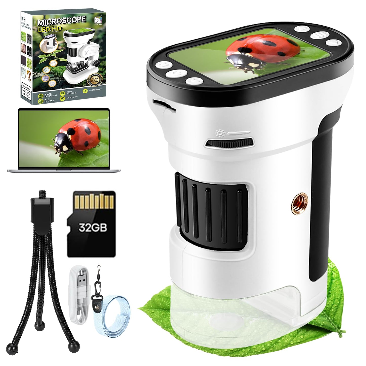 HQGZQL 1000X Digital Microscope for Kids – 4K 2.0-inch Screen, 6 Slides Kit, 32GB TF Card
