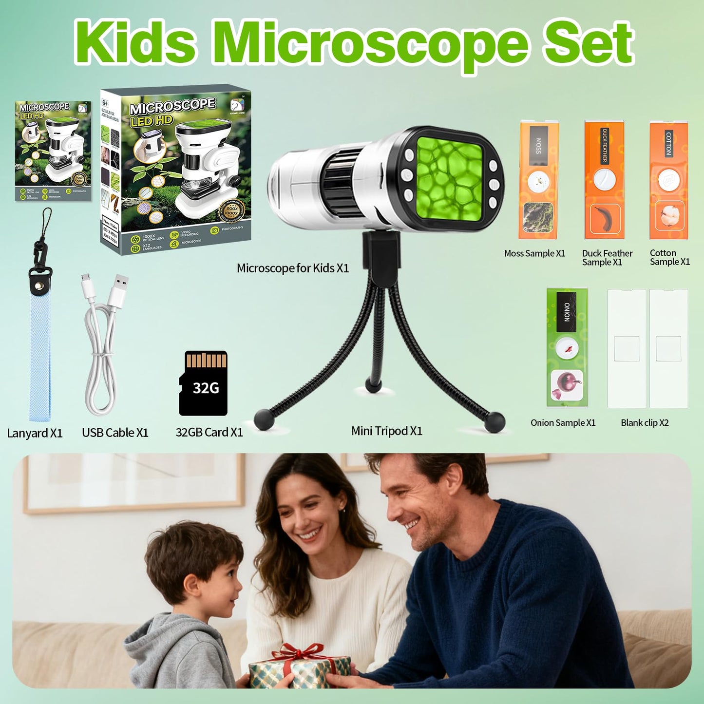 HQGZQL 1000X Digital Microscope for Kids – 4K 2.0-inch Screen, 6 Slides Kit, 32GB TF Card
