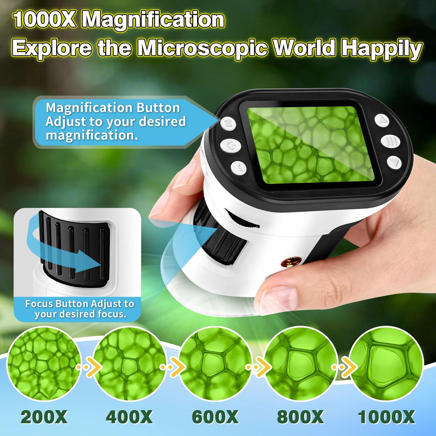 HQGZQL 1000X Digital Microscope for Kids – 4K 2.0-inch Screen, 6 Slides Kit, 32GB TF Card