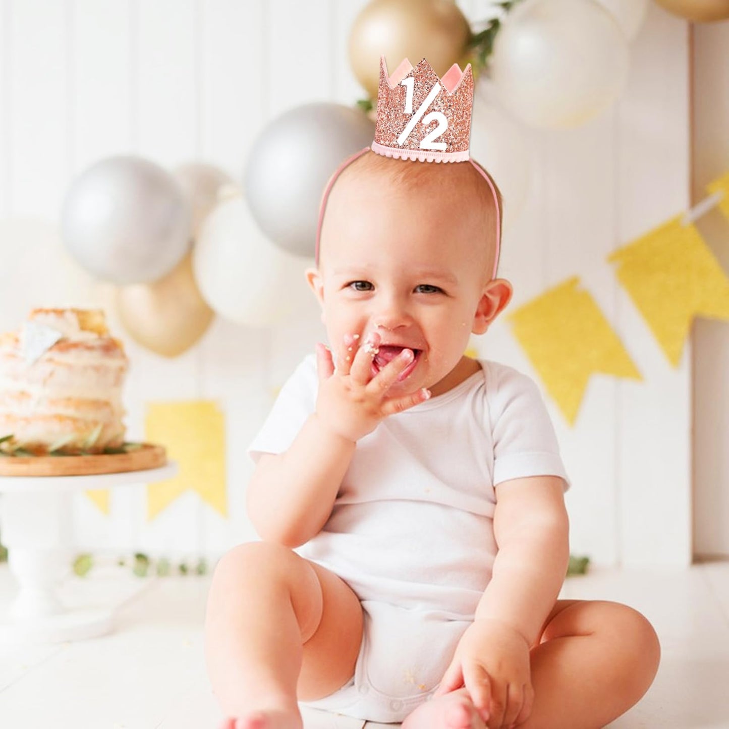 HRXMS 1/2 Birthday Girl Crown - Pink & Rose Gold Half Birthday Hat (6-12M)