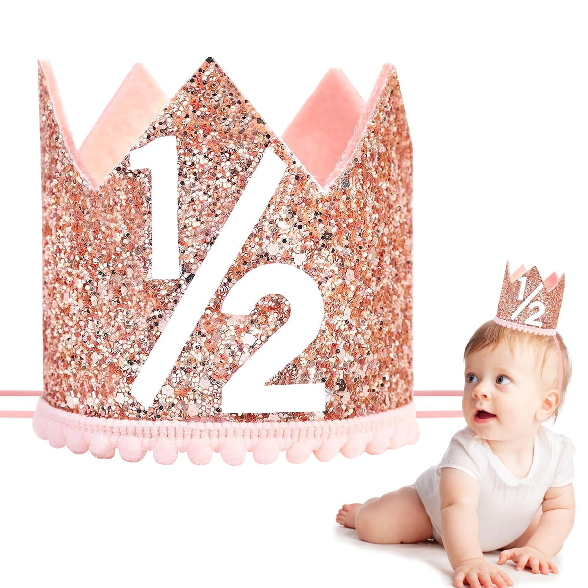 HRXMS 1/2 Birthday Girl Crown - Pink & Rose Gold Half Birthday Hat (6-12M)