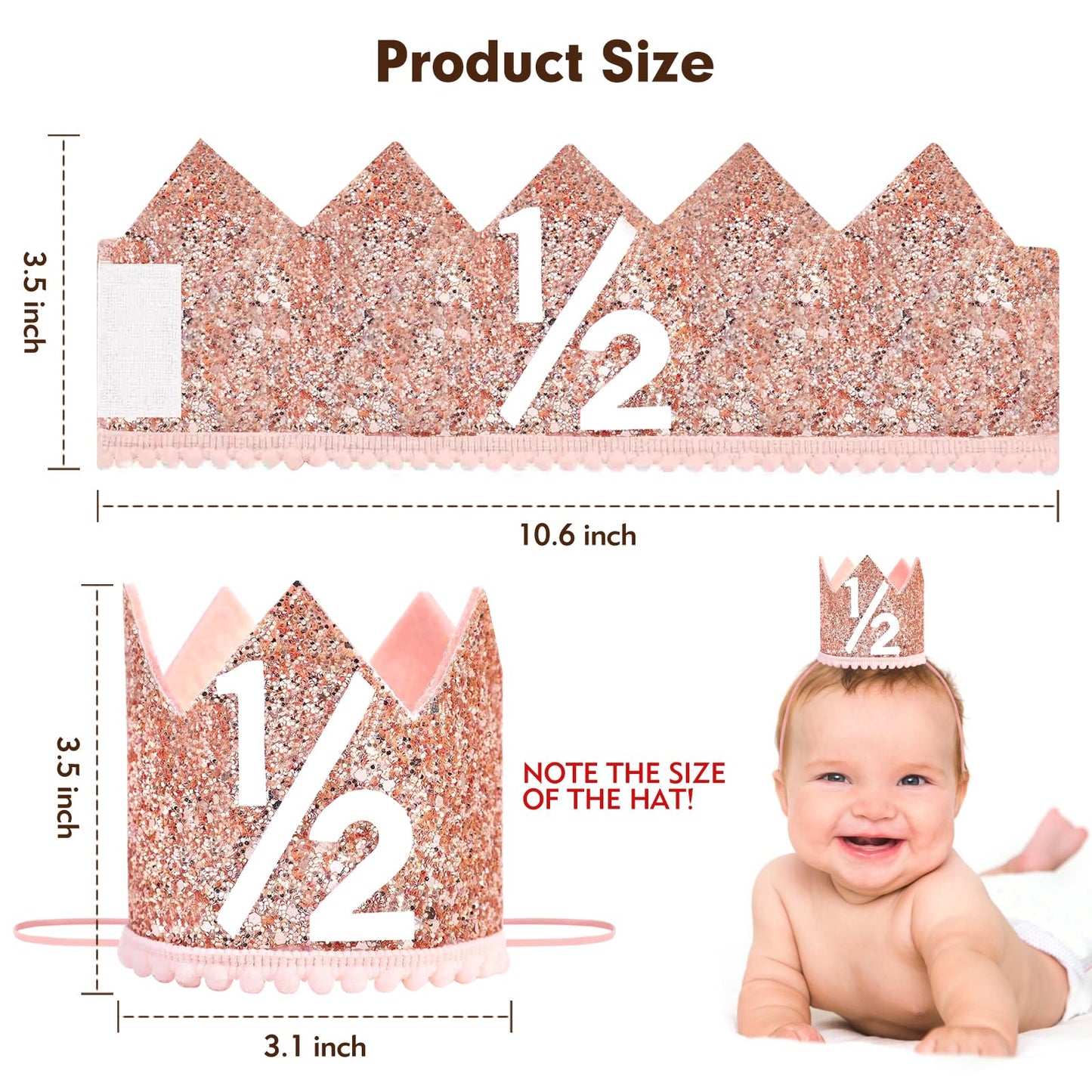 HRXMS 1/2 Birthday Girl Crown - Pink & Rose Gold Half Birthday Hat (6-12M)