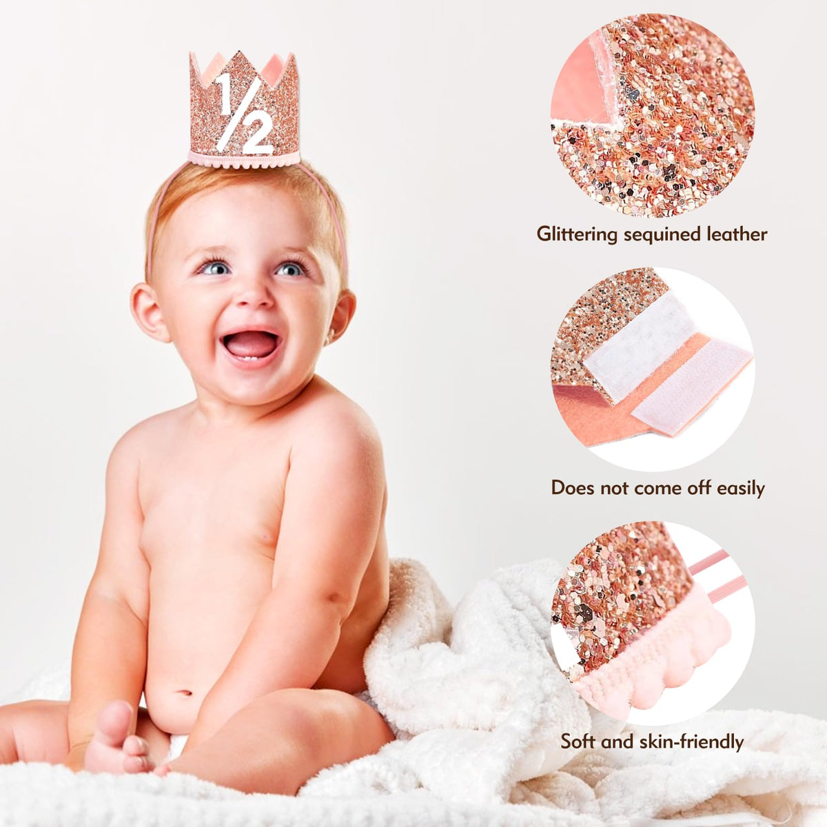 HRXMS 1/2 Birthday Girl Crown - Pink & Rose Gold Half Birthday Hat (6-12M)